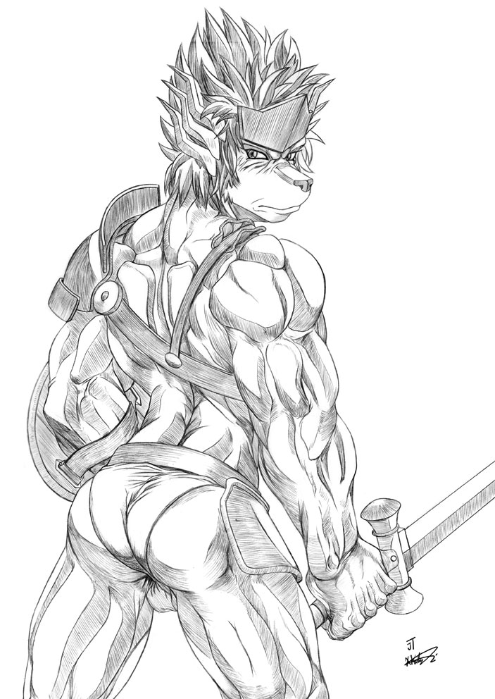 armor ass briefs canine clothing gladiator male male_only mammal model muscles pose solo speedo swimsuit underwear warrior xkoshiji