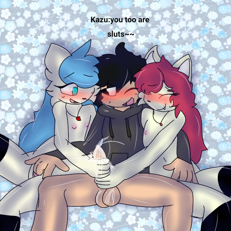 animation_meme_community black_eyes black_hair blue_hair blush closed_eyes crystalmess cub cum cyan_eyes fingering indoors kazu_watanbe kyomidash looking_pleasured lustful_gaze pink_hair simple_background stockings stroking_cock sweater traced_art