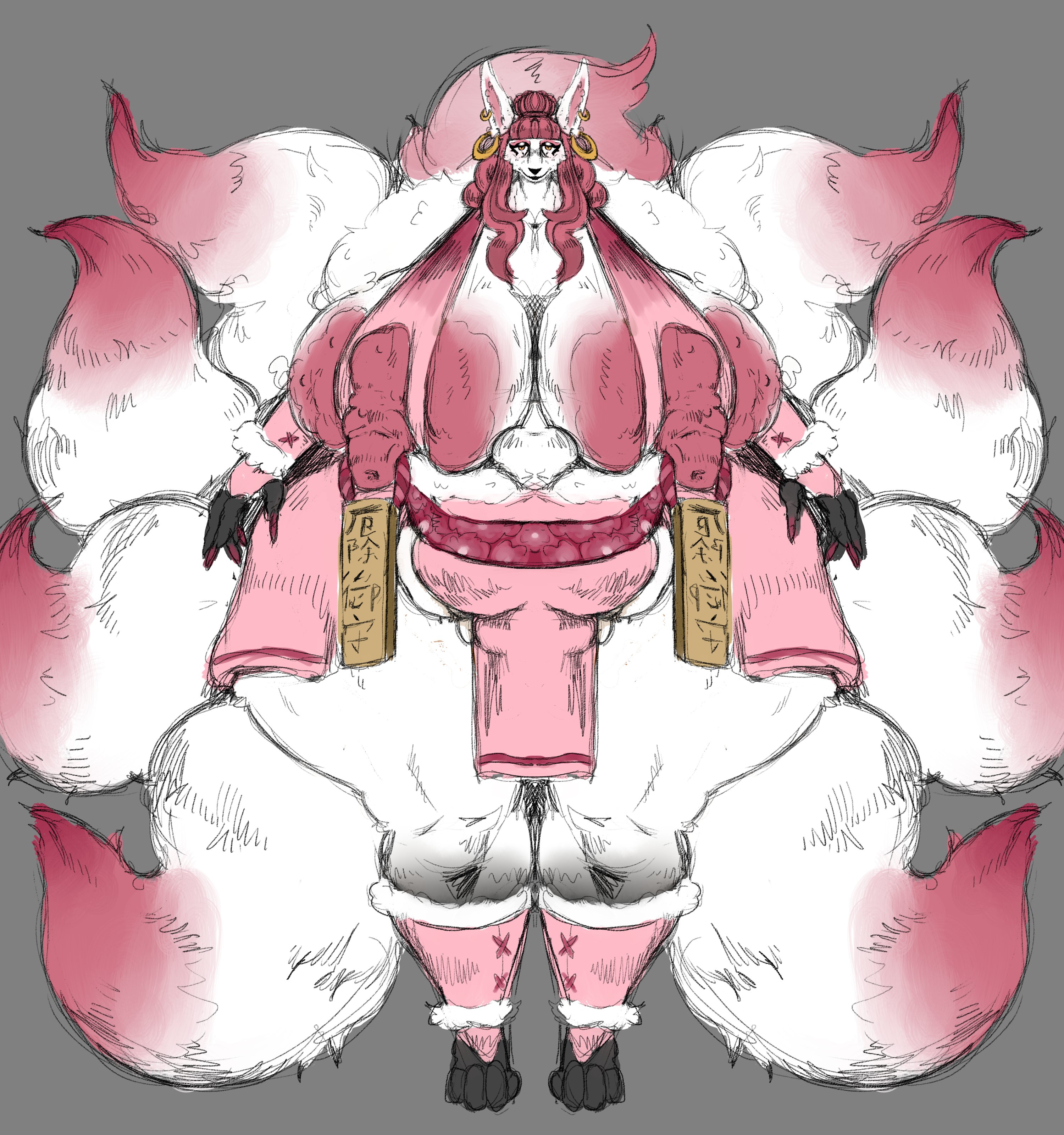 1girls, alternate version available, anthro, anthro on anthro, areolae, ass, ass bigger than head, big areola, big ass, big breasts, big butt, breasts, breasts bigger than head, breastwizard, character sheet, chubby, chubby female, clothing, curvaceous, curvy, curvy figure, earrings, erect nipples, female, female only, fox, front view, furry, grey background, hoop earrings, huge ass, huge breasts, hyper ass, hyper breasts, kitsune, loincloth, long hair, montgomery glands, mostly nude, multi tail, nine tailed fox, nipples, orange eyes, pink hair, solo, solo female, thick thighs, voluptuous, voluptuous female, wide hips