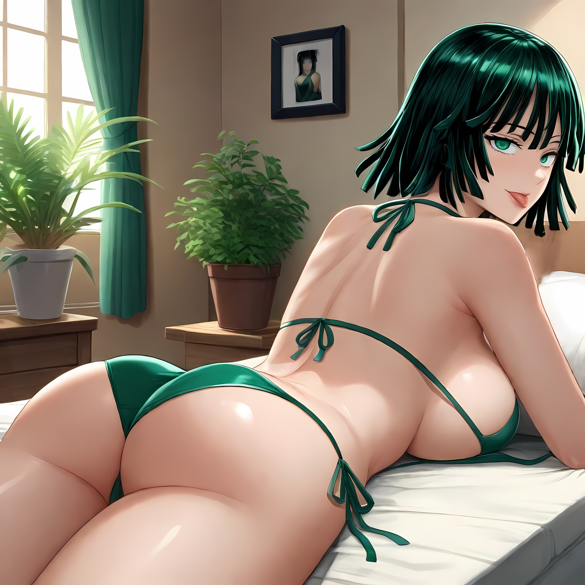 1girls, ai generated, ass, back, bangs, bare shoulders, bed, bikini, black hair, breasts, curtains, dandanhub, female, female only, from behind, fubuki (one-punch man), green bikini, green eyes, green hair, indoors, large breasts, looking at viewer, looking back, lying, on bed, on stomach, one-punch man, photo (object), picture frame, plant, potted plant, shiny, shiny skin, short hair, side-tie bikini bottom, sideboob, solo, swimsuit, thighs, tongue, tongue out, window