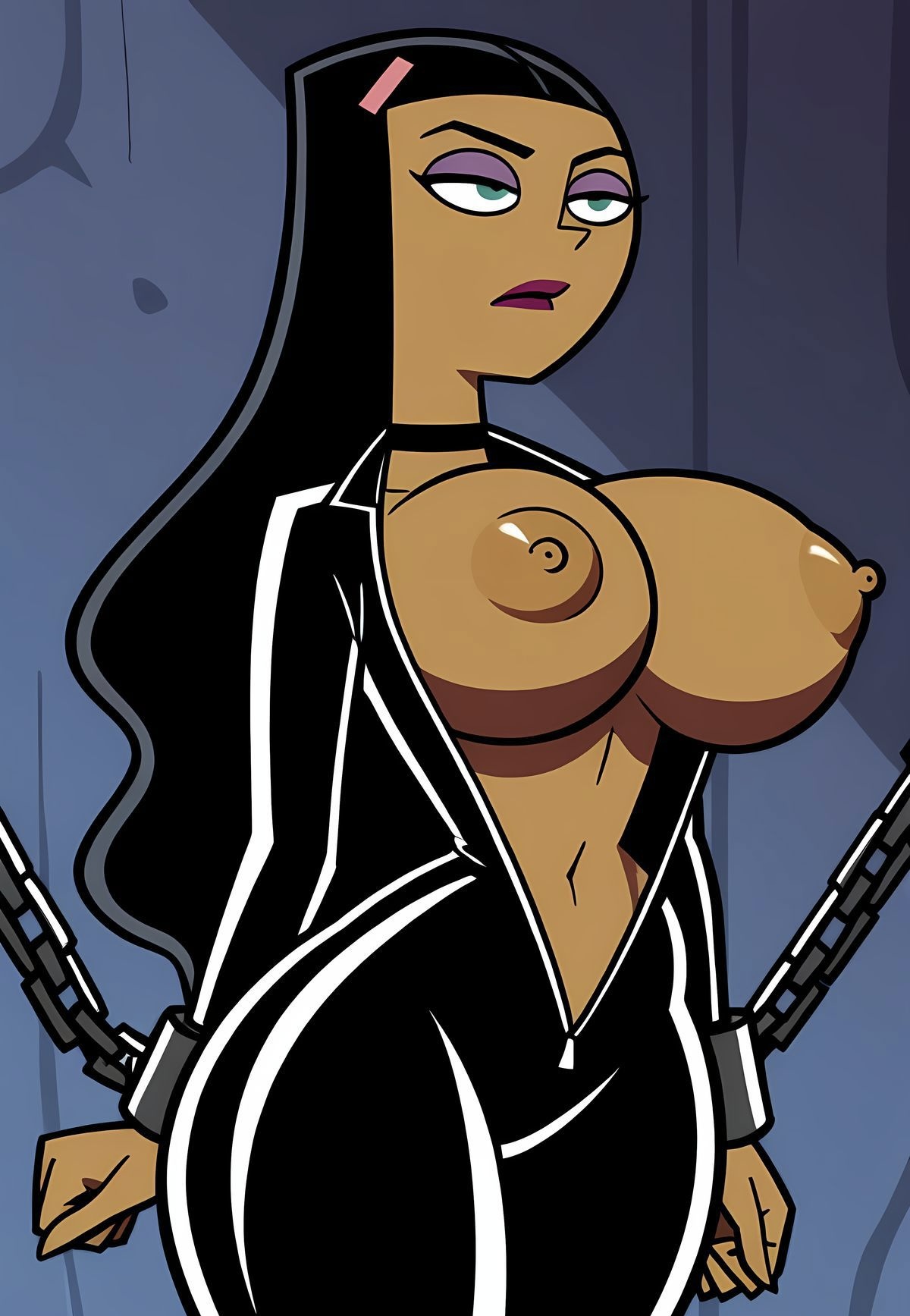 1girls, ai generated, ayyaai, breasts, captured, chained, chained up, danny phantom, exposed breasts, female, huge breasts, latex suit, latina, lipstick, long hair, nickelodeon, open jacket, paulina sanchez, small waist, tanned female, wide hips