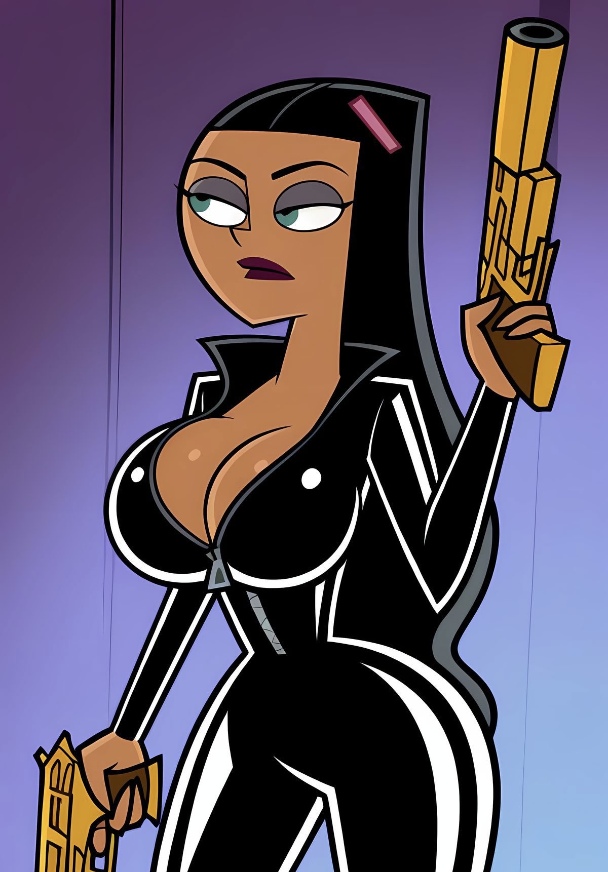ai generated, ayyaai, breasts, child bearing hips, cleavage, danny phantom, female, huge breasts, latex bodysuit, latina, paulina sanchez, small waist, spy, tanned female, weapon, wide hips