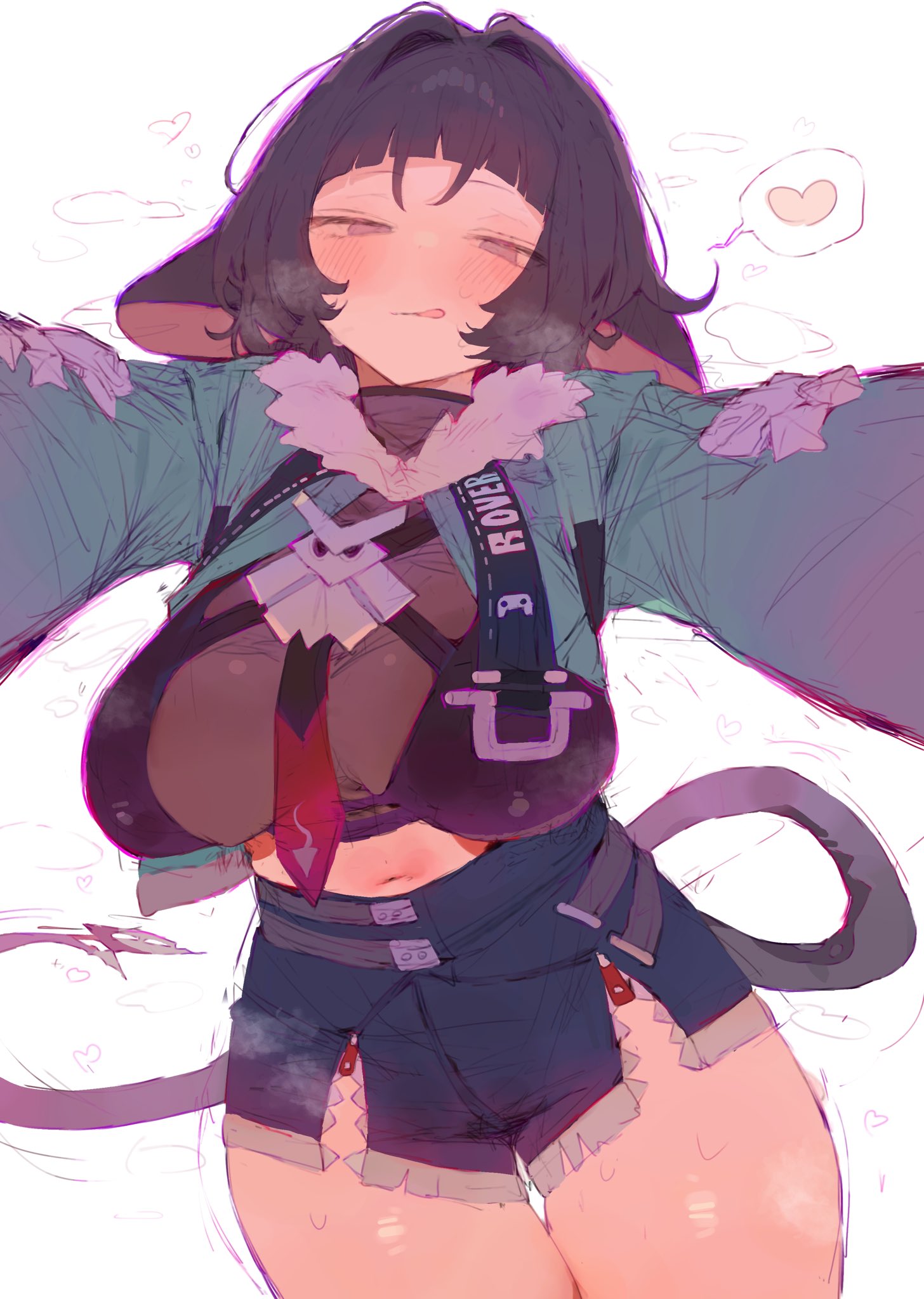 blush, breasts, female, jane doe (zenless zone zero), looking at viewer, medium breasts, navel, otintin, tail, thick thighs, tongue, tongue out, zenless zone zero