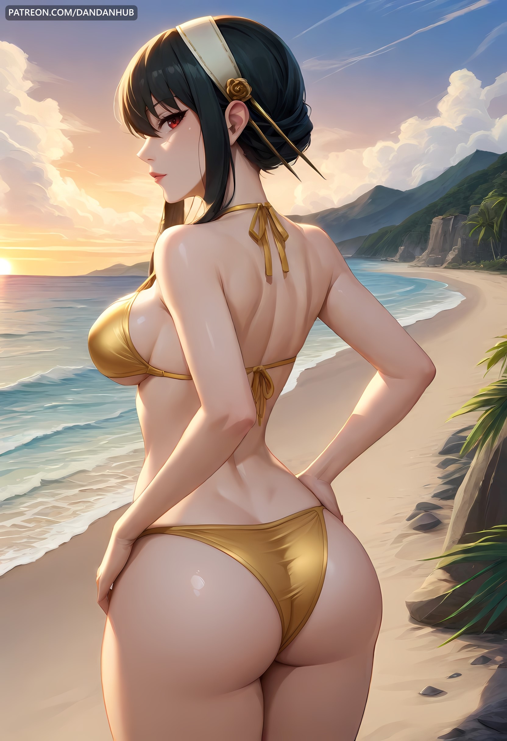 ai generated, ass, back, bangs, bare shoulders, beach, bikini, black hair, breasts, closed mouth, cloud, dandanhub, female, female only, from behind, gold hairband, hair ornament, hairband, halterneck, hands on hips, large breasts, looking at viewer, looking back, ocean, outdoors, patreon username, red eyes, sand, sideboob, sidelocks, sky, solo, spy x family, string bikini, swimsuit, thighs, water, web address, yellow bikini, yor briar, yor forger