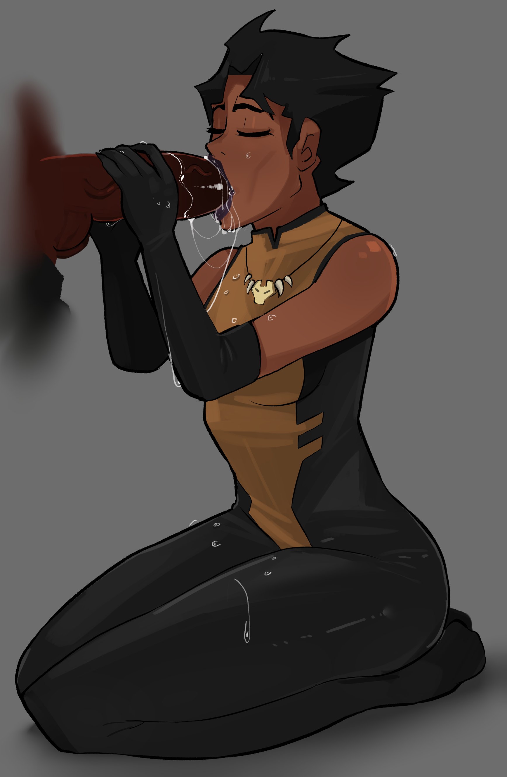 1boy, 1girls, 2d, 2d (artwork), black hair, closed eyes, color, dark skin, dark-skinned female, dark-skinned male, dc, dc comics, erection, fellatio, female, huge cock, illustration, male, oral, oral sex, ozholewd, penis, saliva, short hair, sloppy blowjob, superhero costume, superheroine, vixen (dc)