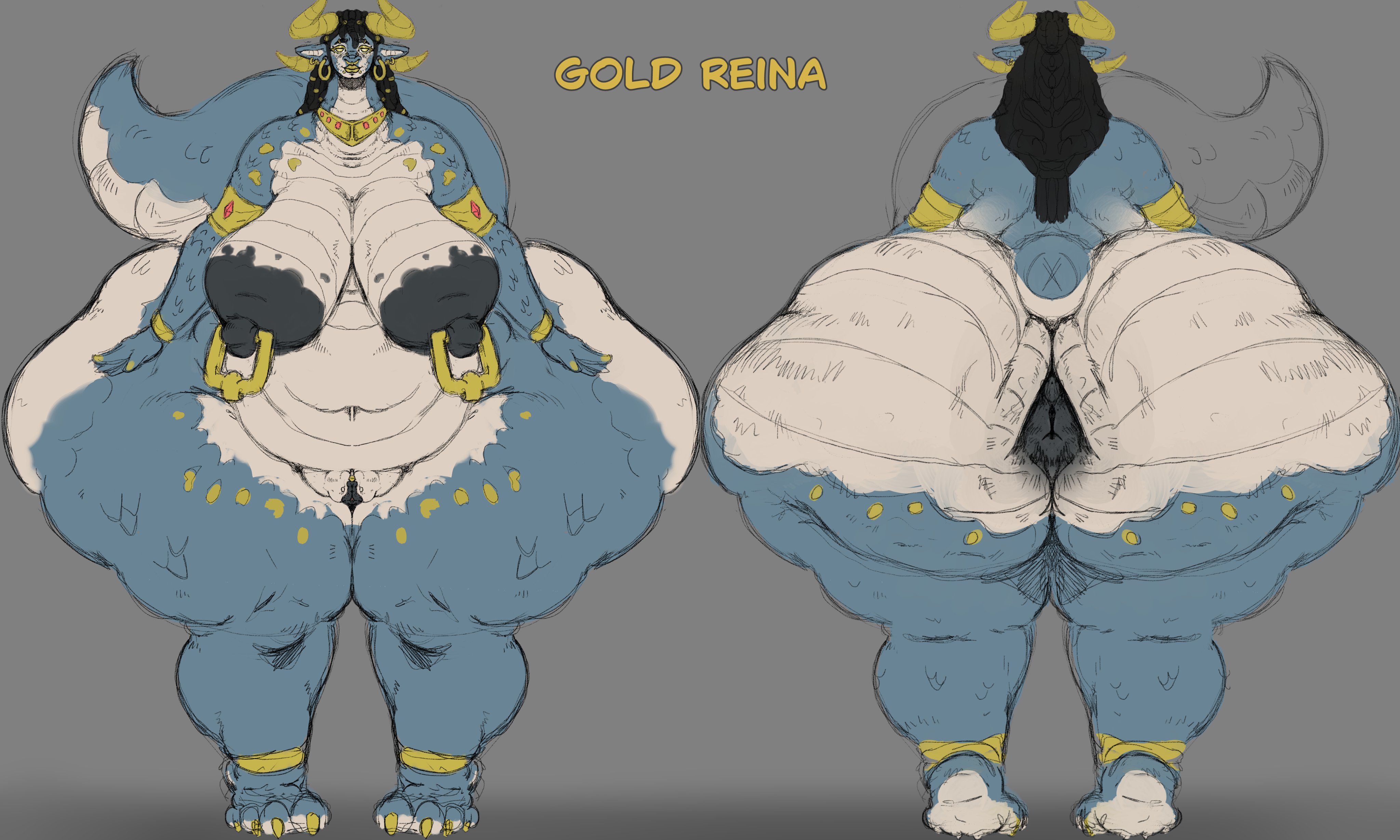 1girls, anthro, anus, areolae, ass, ass bigger than head, behind view, big areola, big ass, big breasts, big butt, black hair, bottom heavy, breasts, breasts bigger than head, breastwizard, bubble ass, bubble butt, character sheet, curvaceous, curvy, curvy figure, dragon, dragon girl, dragon horns, ear piercing, earrings, erect nipples, female, female only, front view, gold lipstick, grey background, hoop earrings, horns, huge ass, huge breasts, hyper ass, hyper breasts, jewelry, lipstick, long hair, nipple rings, nipples, nose ring, nude, piercing, piercings, puffy anus, pussy, scalie, solo, solo female, tail, thick tail, thick thighs, triangular anus, voluptuous, voluptuous female, wide hips, yellow eyes
