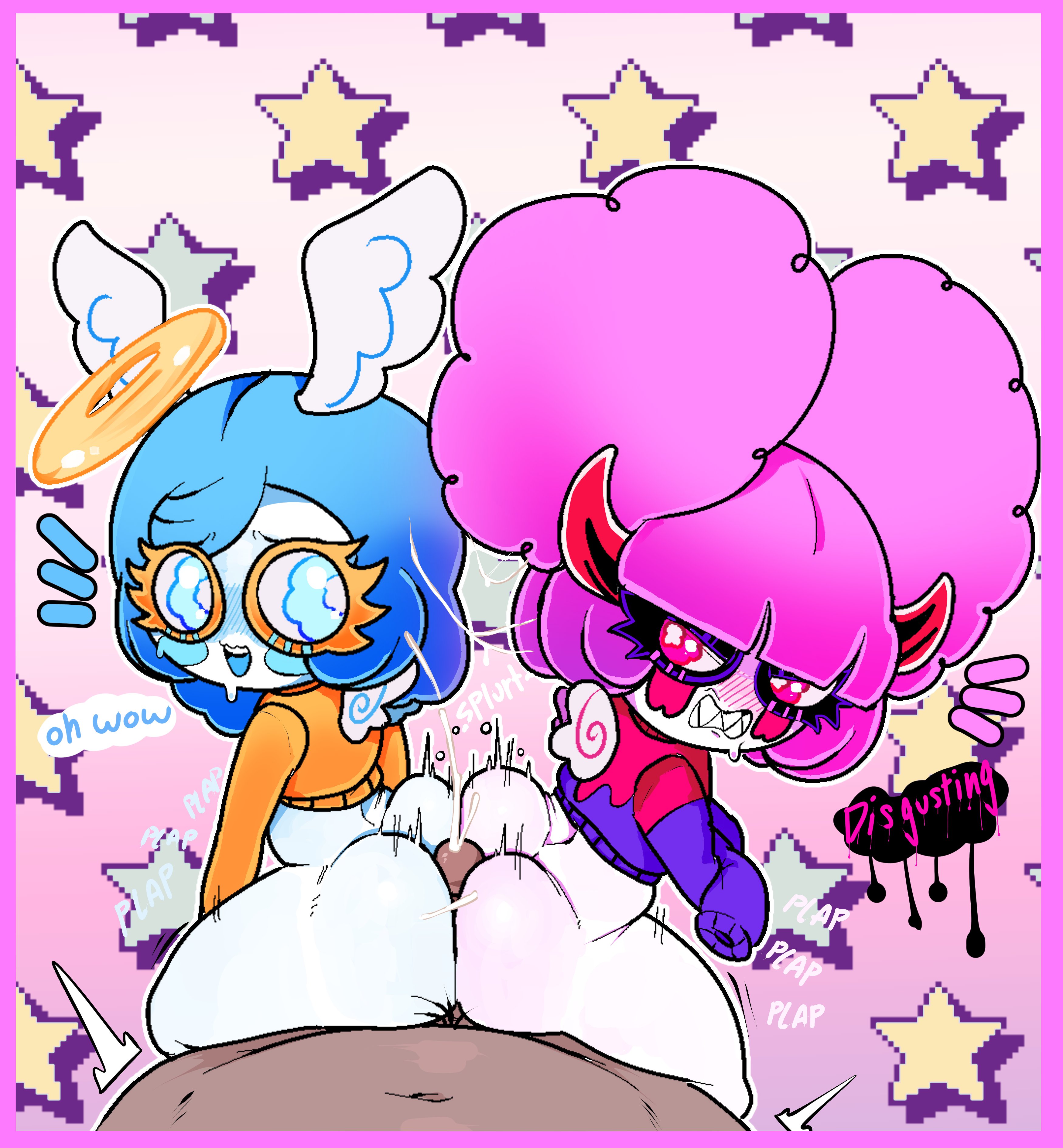 2girls, angel, angel girl, angry, ass, assjob, breasts, butt wings, buttjob, chocovania (character), cum, cum on hair, dark-skinned male, demon, demon girl, demon horns, double buttjob, earrings, eyelashes, feet, female, horns, indie virtual youtuber, looking at viewer, meweeze, pink eyes, pink hair, pink horns, shortstack, shy, smaller female, speech bubble, stockings, thighhighs, vanille (chocovania), virtual youtuber, white body, white skin