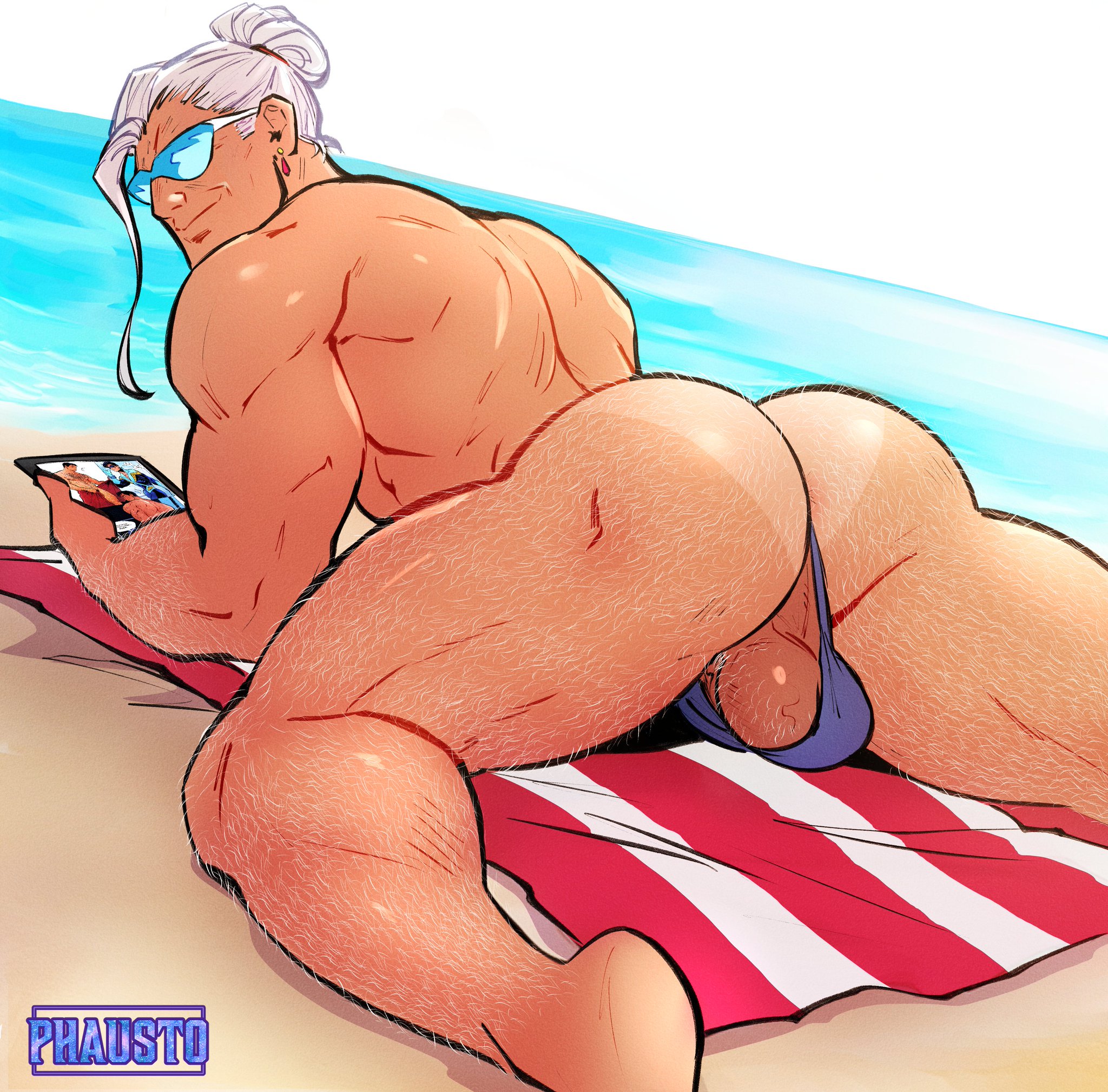 1boy, ass, back, back view, balls, balls out, balls out of thong, beach, blue sunglasses, body hair, dimensional soldiers g, hairy, hairy arms, hairy ass, hairy balls, hairy legs, hairy male, hairy thighs, human, human only, joe salvatore, laying down, laying on stomach, looking at viewer, looking back, male, male focus, male only, muscles, muscular, muscular male, older male, phausto, pubic hair, purple thong, smile, smiling, sunglasses, tanline, thong, thong only, tied hair, white hair, yaoi
