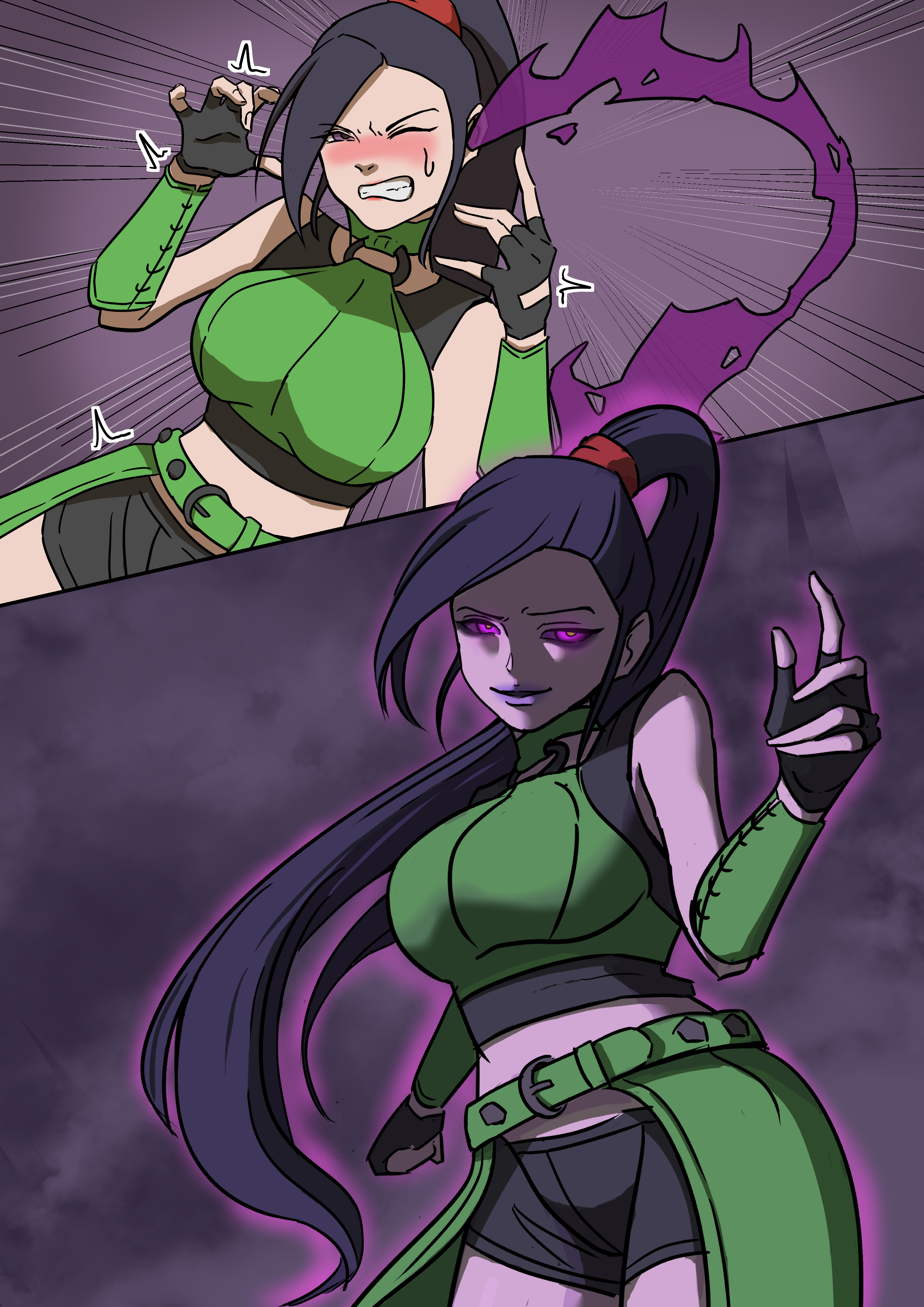 1girls, black hair, black shorts, blush, clenched teeth, clothing, dragon quest, dragon quest xi, ear penetration, ear possession, female, fingerless gloves, glowing eyes, jade (dq11), long hair, maysomehowbe, penetration, possession, purple eyes, short shorts, shorts, smile, spirit, spread legs, takeover, wide hips
