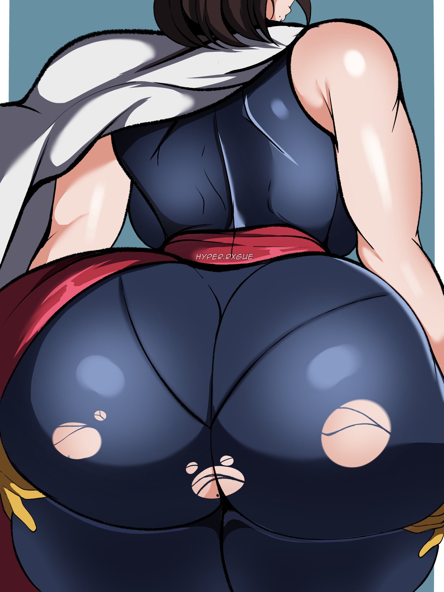 1girls, ass, ass focus, ass support, big ass, big breasts, bottom heavy, breasts, brown hair, bubble butt, cape, clothing, fat ass, female, female only, gilf, gloves, gluteal fold, grandmother, hands on ass, hands on own ass, huge ass, hyperrxgue, large ass, light-skinned female, massive ass, my hero academia, nana shimura, pantylines, ripped clothing, sash, solo, thick ass, thick thighs, thunder thighs, wide hips