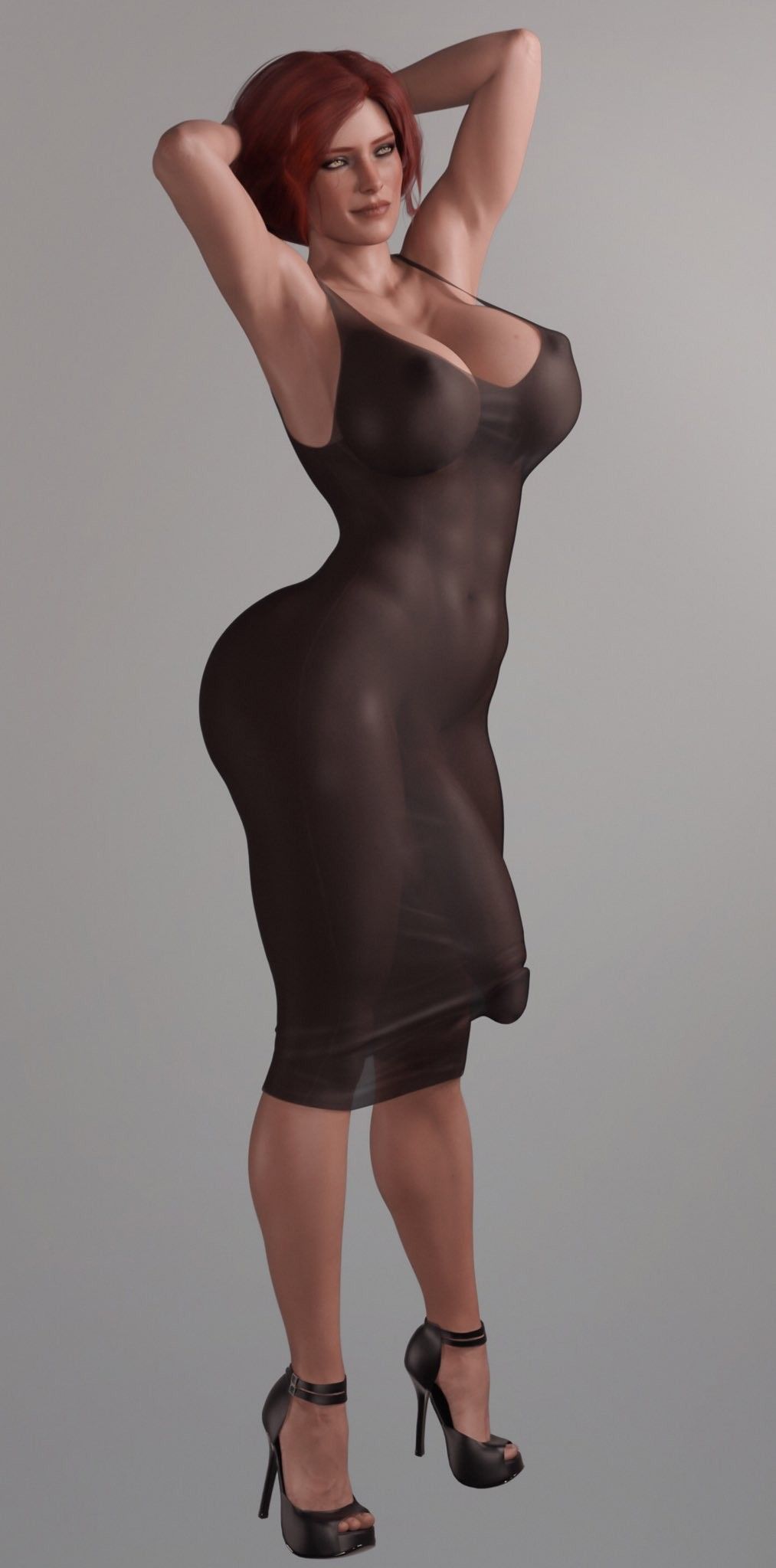 1futa, 3d, areolae, ass, balls, balls under clothes, bottomless skirt, breasts, bulge, bulge through clothing, bulge under dress, cameltail, cd projekt red, cleavage, curvy, dress, erect nipples, erection under clothes, erection under skirt, feet, futa only, futanari, gray background, half-erect, high heels, huge ass, huge breasts, huge cock, huge penis, intersex, large balls, muscular, muscular futa, nipple bulge, nipples, no bra, no panties, open toe shoes, penis, penis bulge, penis to the knees, penis under clothes, penis under skirt, realistic, see-through, see-through bottom, see-through clothing, see-through dress, see-through top, simple background, skirt, skirt lift, solo, stevencarson, tenting, the witcher (series), the witcher 3: wild hunt, toes, triss merigold, wide hips