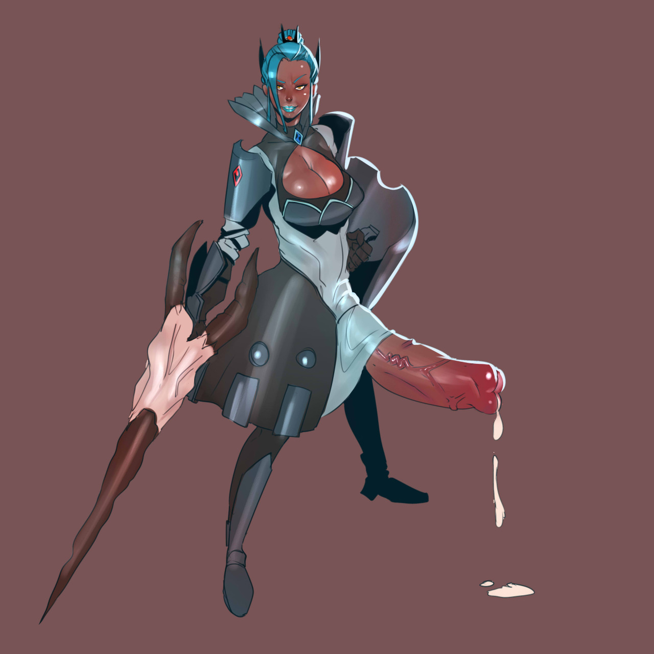 1futa, armor, blue hair, cleavage, cleavage cutout, dark skin, dickgirl, dress, erection, full length, full-length portrait, futa only, futanari, hair, huge cock, hyper penis, intersex, john doe, lipstick, monster cock, penis, penis under dress, portrait, precum, shield, smile, solo, standing, weapon