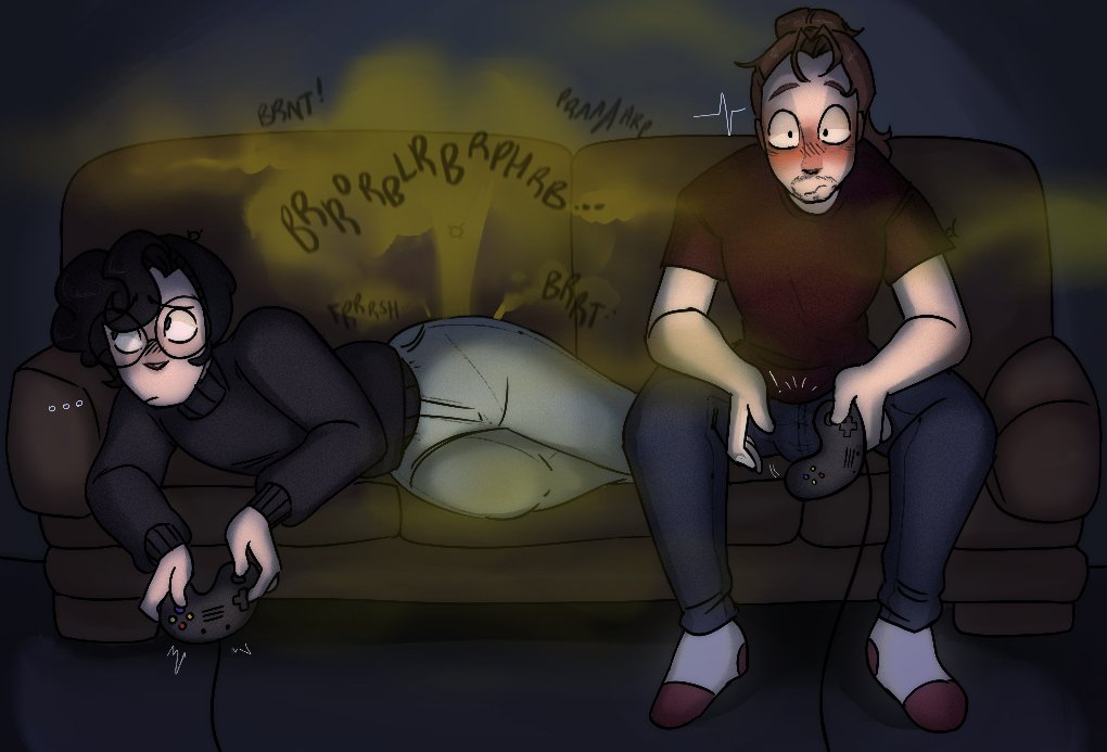 2boys, boner, boner in pants, boner under clothes, brap, circle glasses, couch, fart, farting, gastr0punk, glasses, green fart, jeans, male fart, male farting, male only, onomatopoeia, sweater, yellow fart