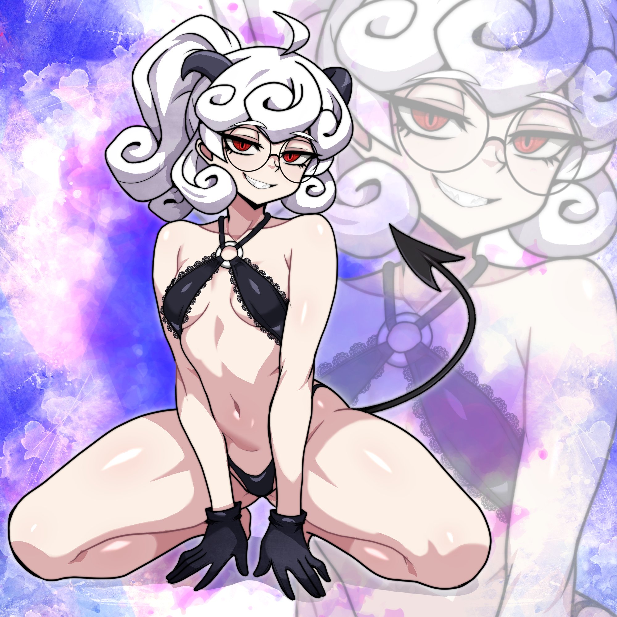 1girls, ahoge, arm support, bare shoulders, bikini, black bikini, black gloves, black-framed eyewear, breasts, collarbone, demon girl, demon horns, demon tail, female, female only, fujita yoshinobu (ksk oda), glasses, gloves, grin, halterneck, helltaker, highres, horns, medium hair, navel, o-ring, o-ring bikini, open mouth, pandemonica (helltaker), ponytail, red eyes, round eyewear, short ponytail, small breasts, smile, solo, squatting, swimsuit, tail, teeth, white hair, zoom layer