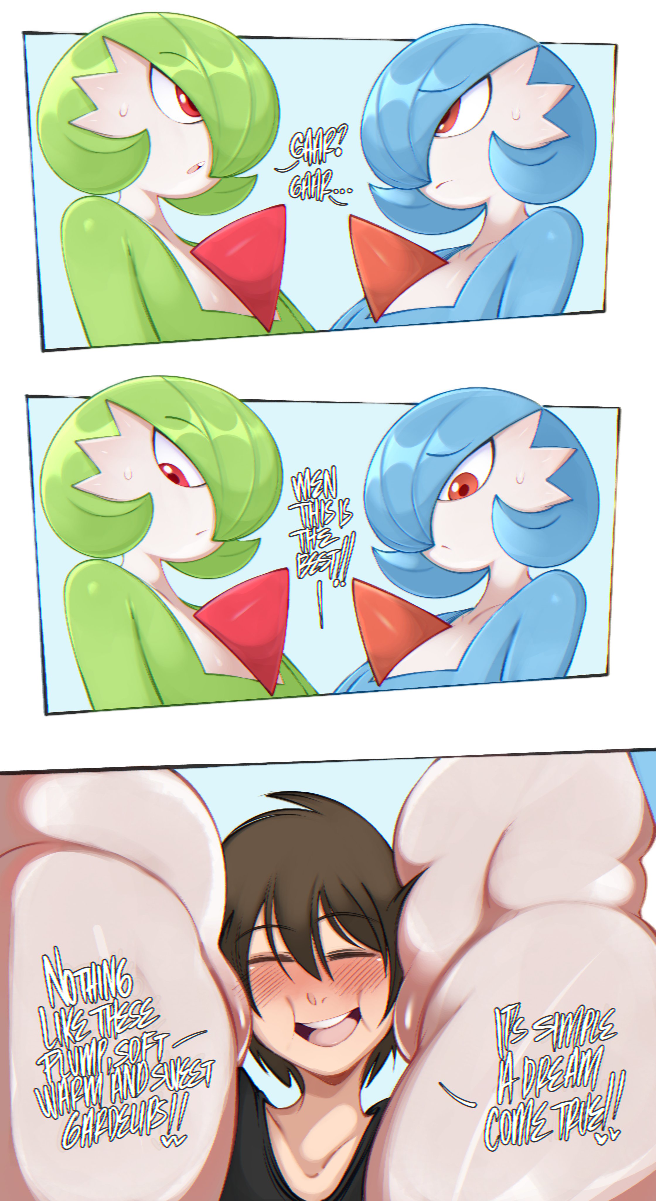 1boy, 2girls, absurd res, big thighs, blush, brown hair, closed eyes, cute, dialogue, english text, female, gardevoir, generation 3 pokemon, happy, human, interspecies, male, nintendo, pokemon, pokemon (species), pokemon focus, pokephilia, red eyes, saltyxodium, shiny gardevoir, shiny pokemon, smile, thick thighs