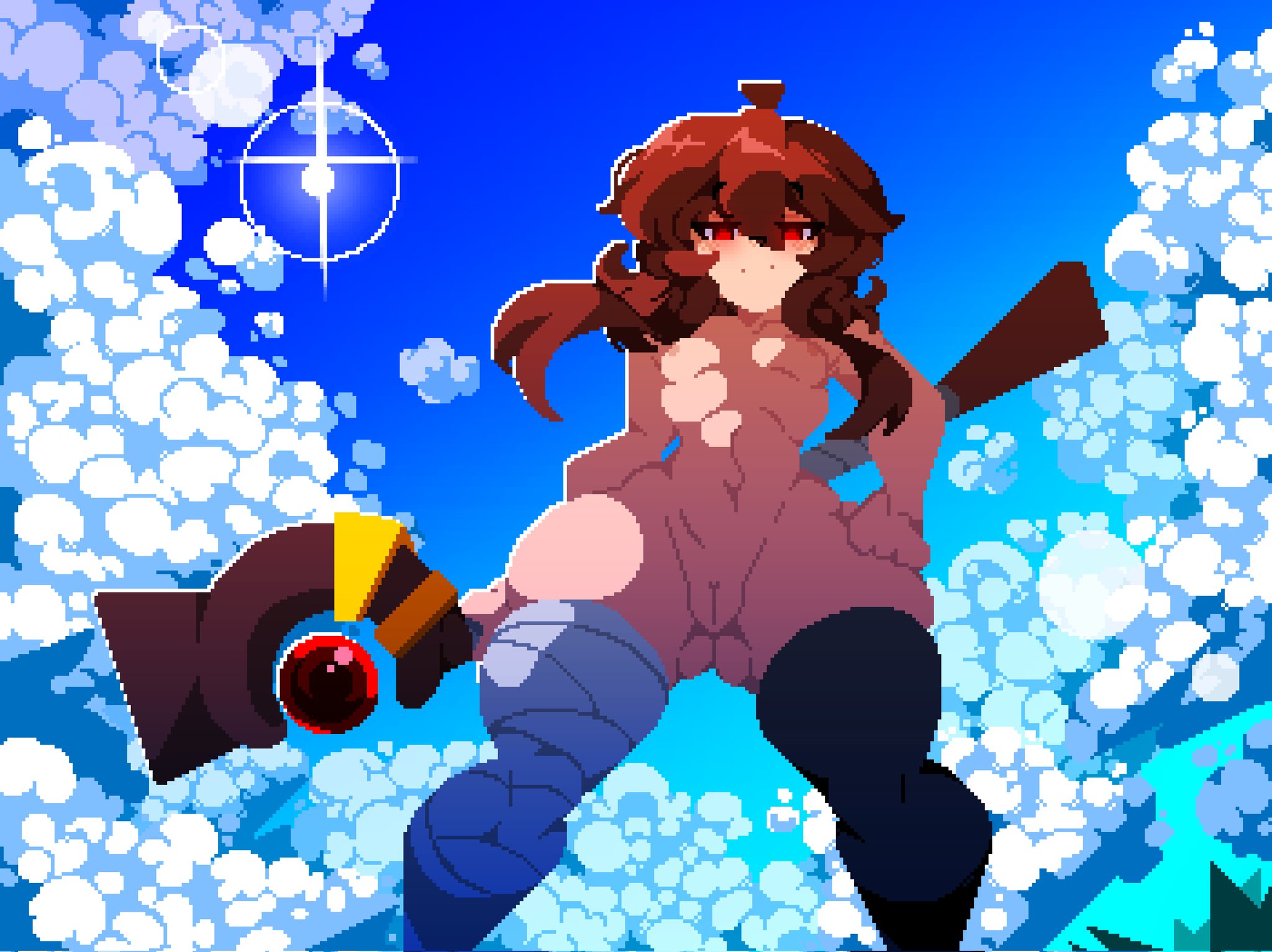1girls, ass, big ass, big thighs, blush, blushing female, breasts, brown hair, female, female only, female thick thighs, kono subarashii sekai ni shukufuku wo!, light-skinned female, looking at viewer, megumin, no panties, pixel art, red eyes, sky, solo, tamaco, thick thighs, thighs, watermark, wide hips, witch