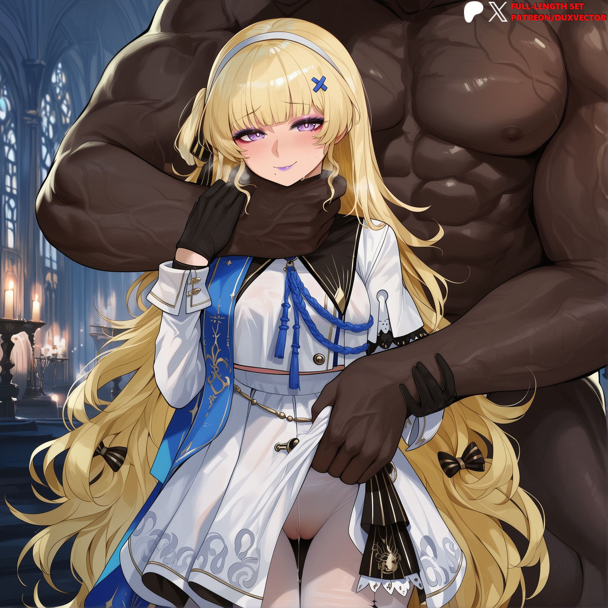 1boy, abs, ai generated, artist name, asphyxiation, bangs, black bow, black gloves, blonde hair, blush, bow, breasts, cameltoe, candle, closed mouth, clothed female nude male, clothes lift, clothing, curly hair, dark skin, dark-skinned male, dress, dress lift, duxvector, female, gloves, hair ornament, hairband, hairbow, half gloves, hand on another's neck, head out of frame, heart-shaped pupils, indoors, interracial, long hair, long sleeves, looking at viewer, makeup, male, manly, muscle, muscular, muscular male, netorare, ntr, nude, official alternate costume, one side up, pantyhose, patreon username, phoebe (wuthering waves), purple eyes, pussy juice, pussy juice drip through clothes, pussy juice stain, pussy juice trail, saliva, shirt, size difference, skirt, skirt lift, smile, solo focus, straight, strangling, symbol-shaped pupils, thigh gap, veins, very dark skin, very long hair, wavy hair, wet, wet clothes, white dress, white hairband, white pantyhose, white skirt, window, wuthering waves