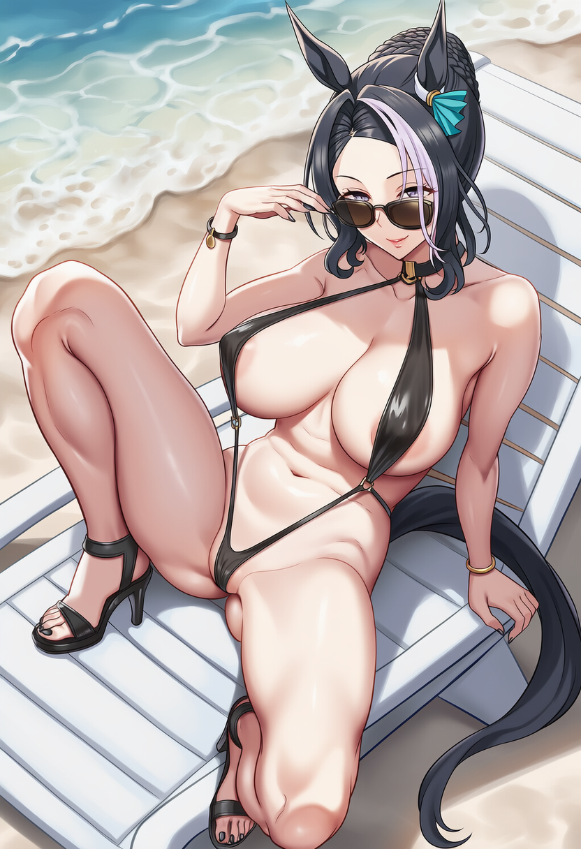 adjusting eyewear, aerolae, ai generated, animal ears, black hair, breasts, bun hair, bun ponytail, cross halter bikini, female, horse girl, looking over eyewear, looking over sunglasses, medium hair, mejiro ramonu (umamusume), mole under eye, mole under right eye, multicolored hair, purple eyes, sling bikini, string bikini, sunglasses, tinted eyewear, umamusume, umamusume pretty derby