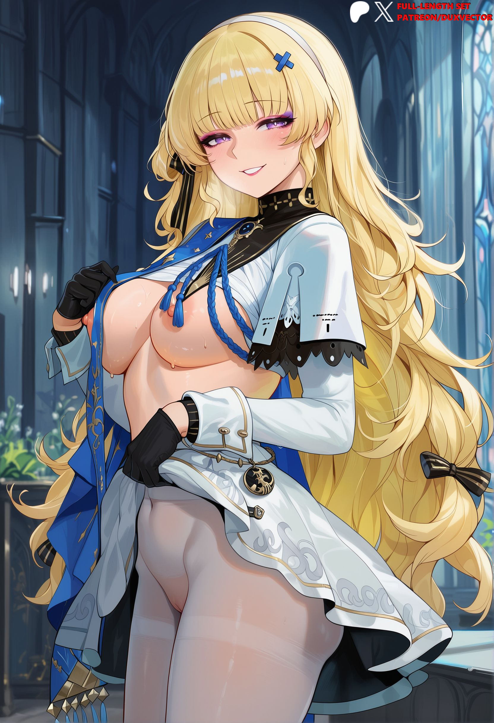 ai generated, aiguillette, areola slip, bangs, black bow, black gloves, blonde hair, blunt bangs, blush, bow, breasts, clothes lift, clothes pull, clothing, covered navel, cowboy shot, curly hair, dress, duxvector, female, from side, gloves, grin, hair ornament, hairband, hairbow, half gloves, high-waist pantyhose, indoors, interracial, jewelry, large breasts, lifted by self, long hair, long sleeves, looking at viewer, miniskirt, mole, mole on breast, navel, netorare, nipples, no bra, no panties, ntr, official alternate costume, pantyhose, parted lips, patreon username, phoebe (wuthering waves), purple eyes, ribbon, shirt, shirt lift, sidelocks, skirt, skirt lift, smile, solo, standing, star hair ornament, sweat, tassel, thighband pantyhose, thighs, very long hair, wavy hair, white hairband, white pantyhose, white skirt, window, wuthering waves, x hair ornament