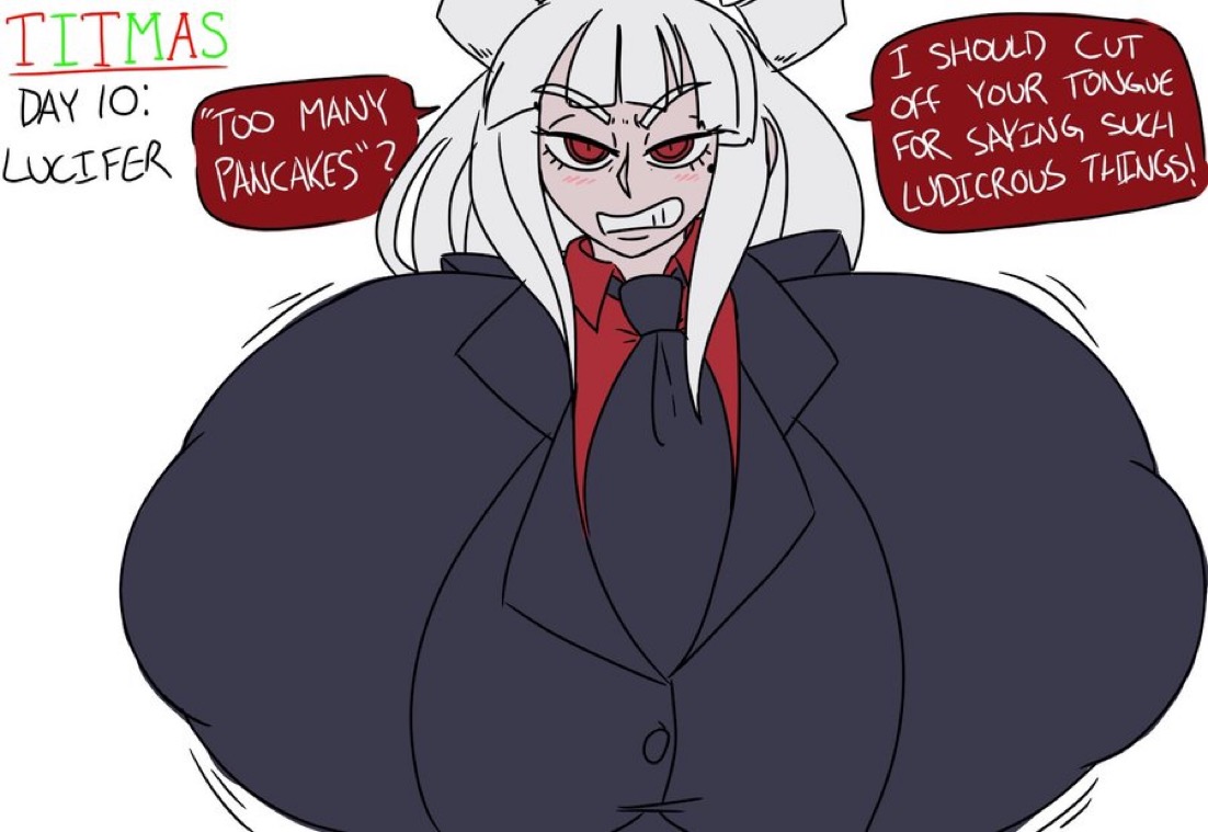 big breasts, black suit, black tie, demon, demon horns, female, female only, helltaker, hyper breasts, lucifer (helltaker), mr.lewd, pale skin, red eyes, red shirt, solo, text, tit-mas (mr.lewd), white hair