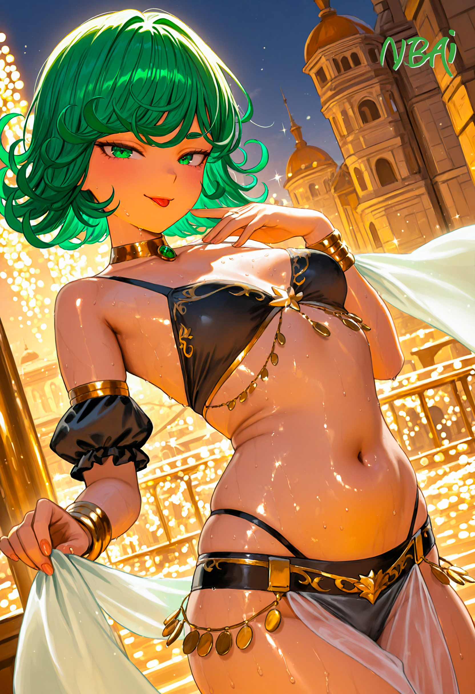 ai generated, anime, anime style, bikini, black bikini, bracelet, city night, green eyes, green hair, looking at viewer, nbai art, night, one-punch man, outdoors, short hair, smile, solo, sweat, tatsumaki, thick thighs, wet