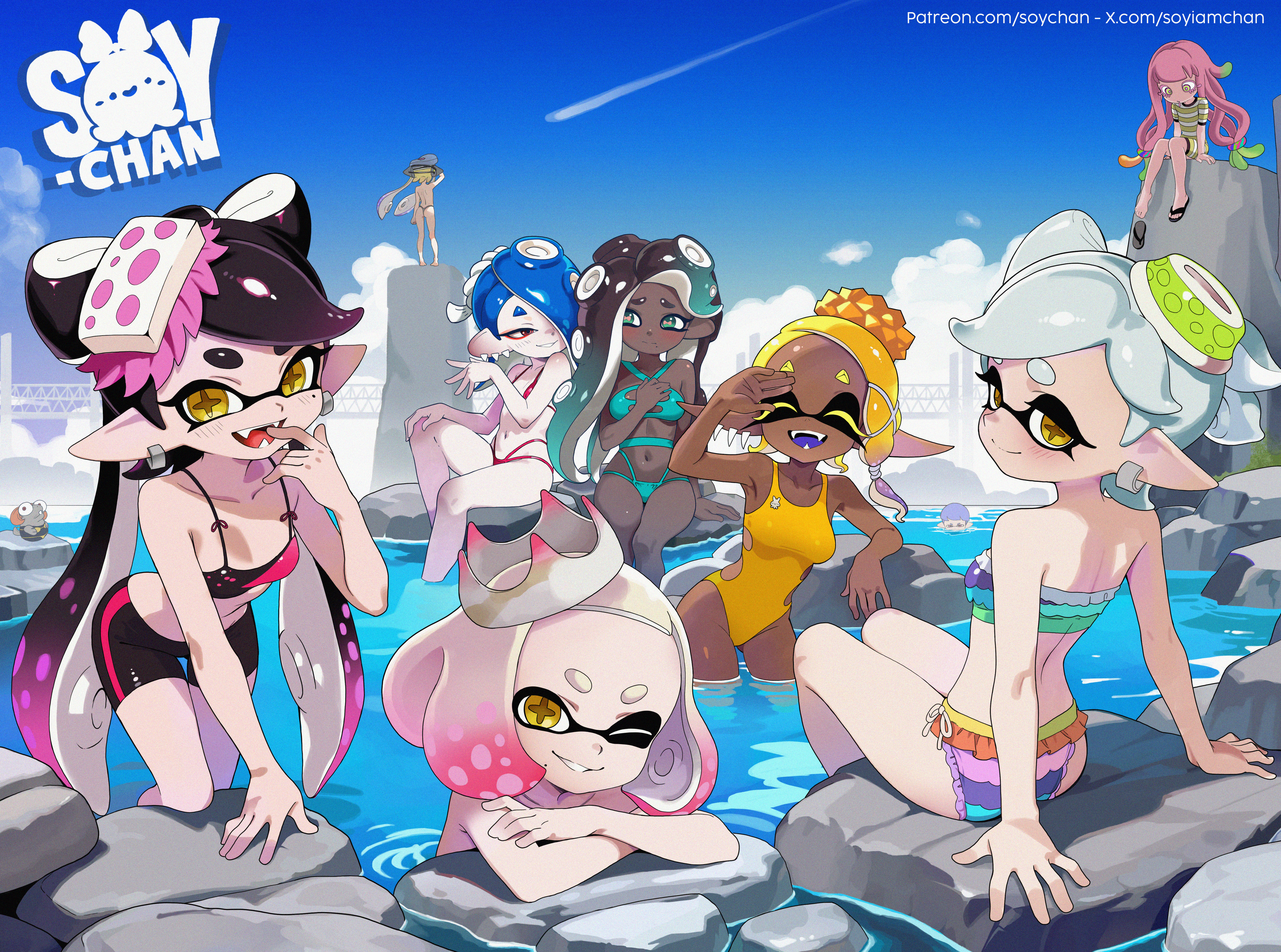8girls, agent 3 (splatoon), bikini, black hair, blue hair, blush, callie (splatoon), crown, cute, dark skin, dark skinned female, deep cut (splatoon), female, frilled bikini, frye (splatoon), frye onaga, gray hair, grey hair, harmony (splatoon), headwear, hot spring, inkling, inkling girl, looking at viewer, marie (splatoon), marina (splatoon), marina ida, medium breasts, nintendo, octoling, octoling boy, octoling girl, off the hook (splatoon), one-piece swimsuit, pearl (splatoon), pearl houzuki, pink hair, pink highlights, pool, red eyes, salmonid (splatoon), shiver (splatoon), shiver hohojiro, shorts, small breasts, smallfry (splatoon), smile, smiling, smiling at viewer, soy-chan, splatoon, splatoon (series), splatoon 2, splatoon 3, squid sisters, swimsuit, thighs, thong, topless female, white hair, yellow eyes, yellow hair