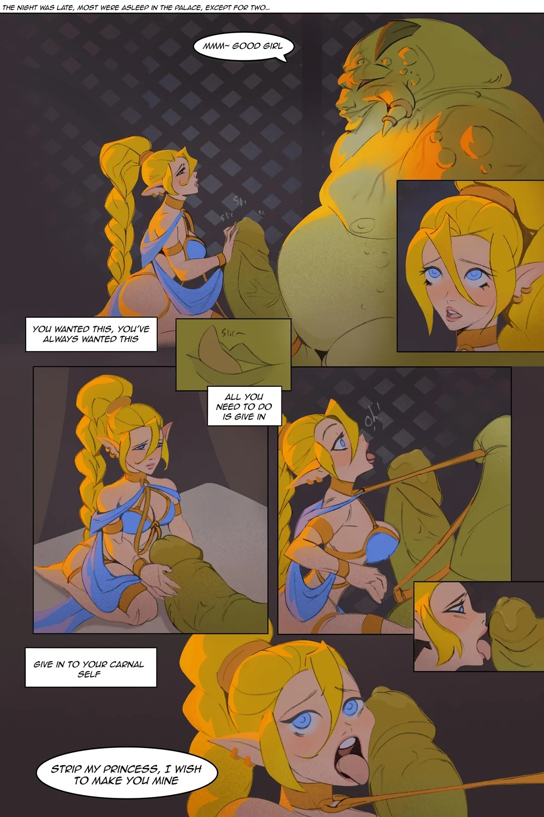 1girls, blonde hair, blue eyes, braided hair, braided ponytail, cleavage, elf, elf ears, enslaved royal, femsub, harem girl, harem outfit, huge breasts, interspecies, justawoman, large breasts, licking penis, long hair, monster on female, original, original characters, pointy ears, princess of betrayal, sci-fi, slave, slave collar, slave girl, slave outfit, slug monster, speech bubble, submissive female