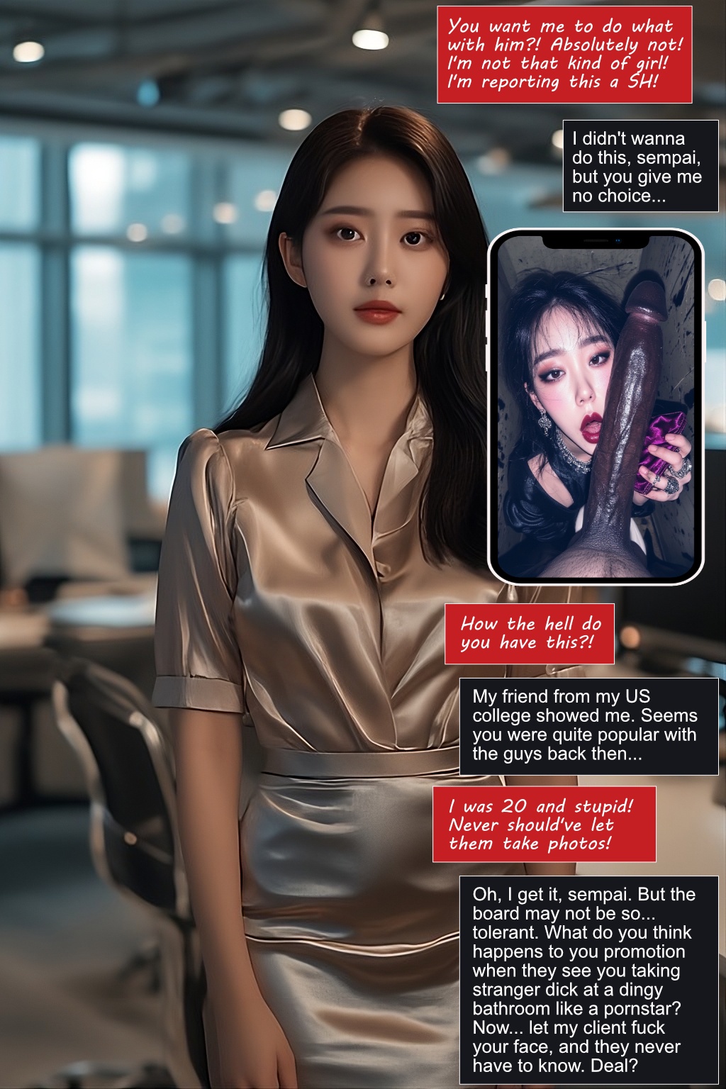 ai generated, asian female, blackmail, blowjob, blowjob face, business attire, business dress, business man, business suit, business woman, caught in the act, caught off guard, caught on camera, coerced, coerced oral, coerced submission, coercion, college clothing, college girl, college student, degradation, dialogue, dialogue box, dialogue bubble, eyeshadow, female focus, female only, forced submission, harassment, imminent fellatio, interracial, interracial sex, japanese female, lip gloss, moments before disaster, office background, office clothing, office lady, office lady outfit, office worker, older female, older female and younger male, original character, party, party dress, party sex, past and present, past experience, past meets present, past self, phone, phone camera, phone screen, phone view, ruined reputation, silk clothing, story, talking to another, talking to offscreen, text, text box, threatened, threatening, threatening words