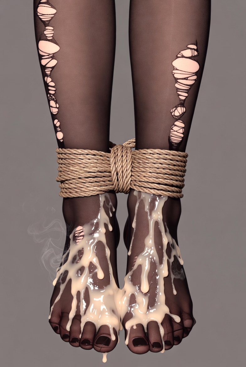 1girls, abducted, ai assisted, ai generated, ankles bound, barefoot, black pantyhose, black toenail polish, black toenails, bondage, bound ankles, bukkake, captive, captured, cum, cum on body, cum on feet, cum on legs, cum on toes, cum puddle, erotic, exposed, exposure, feet fetish, feet focus, feet only, fetish, foot fetish, foot focus, forced, helpless, hostage, humiliation, kallovita, kidnapped, kinky, lingerie, nylons, original, original art, original artwork, painted toenails, pantyhose, restrained, rope, rope bondage, ropes, semen, sexy, simple background, sperm, steam, steaming, steamy, steamy cum, stockings, tagme, tied ankles, toenail polish, torn clothes, torn clothing, torn pantyhose, unseen character, unseen female, vulnerable