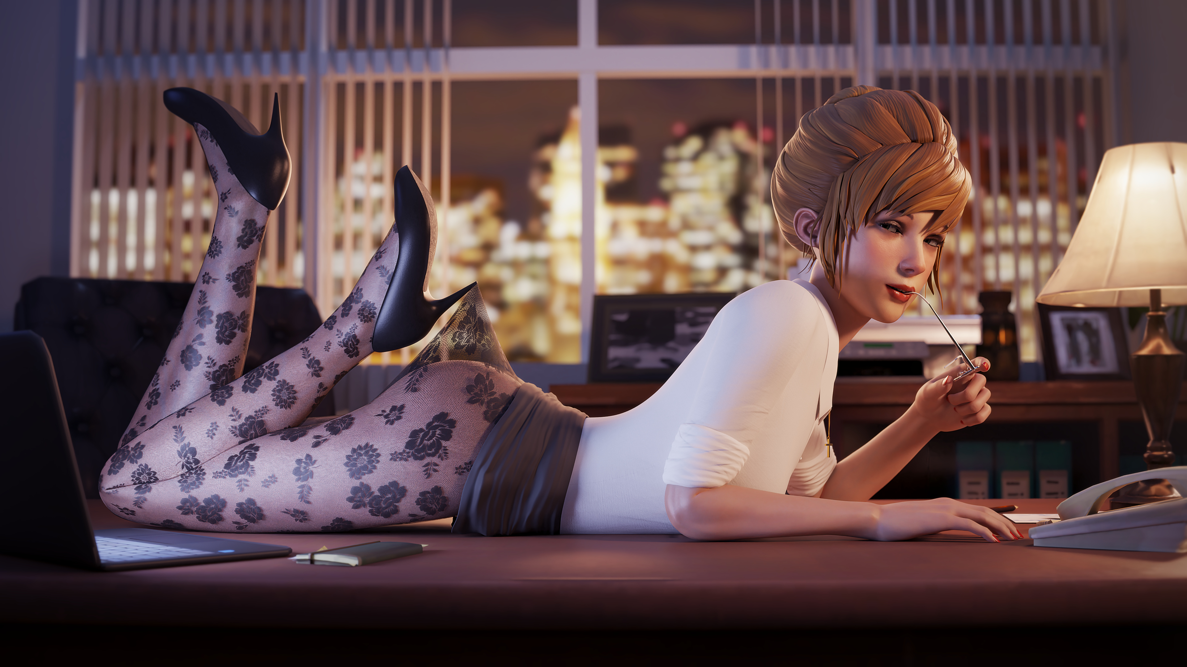3d, dirty blonde hair, dontnod entertainment, fishnets, glasses in mouth, high heels, kate marsh, koomer, laying on stomach, life is strange, lipstick, looking at viewer, lying on desk, office, office lady, religious girl, seductive, seductive eyes, seductive look, seductive smile