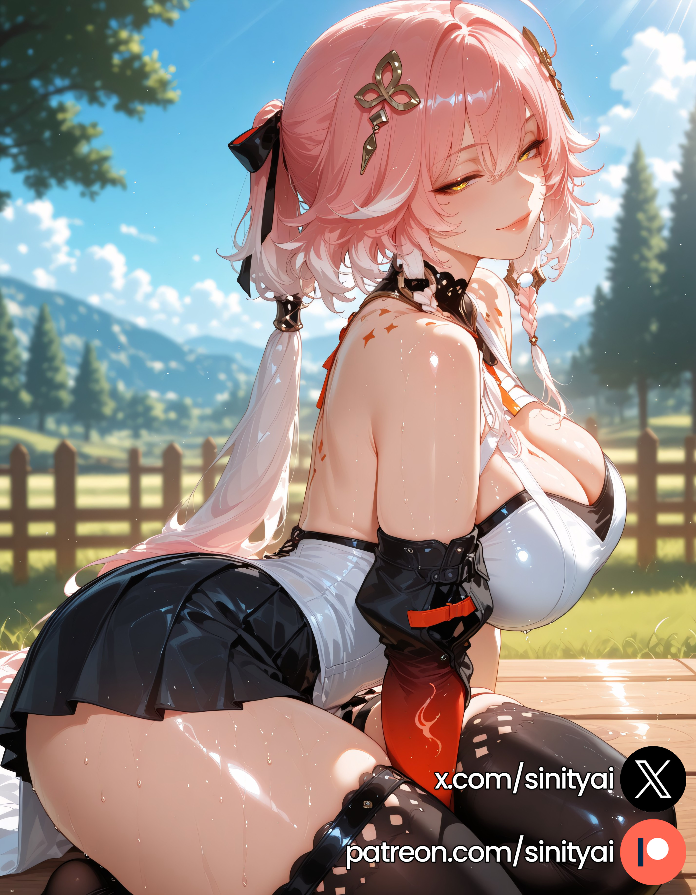 1girls, 2025, ai generated, ass, big ass, big breasts, blurred background, blurry background, changli (wuthering waves), depth of field, female, hair ornament, hi res, high quality, high resolution, highres, huge ass, huge breasts, huge thighs, long hair, multicolored hair, nsfw, patreon, pink hair, sinity, small waist, thick thighs, thin waist, white hair, wuthering waves, yellow eyes