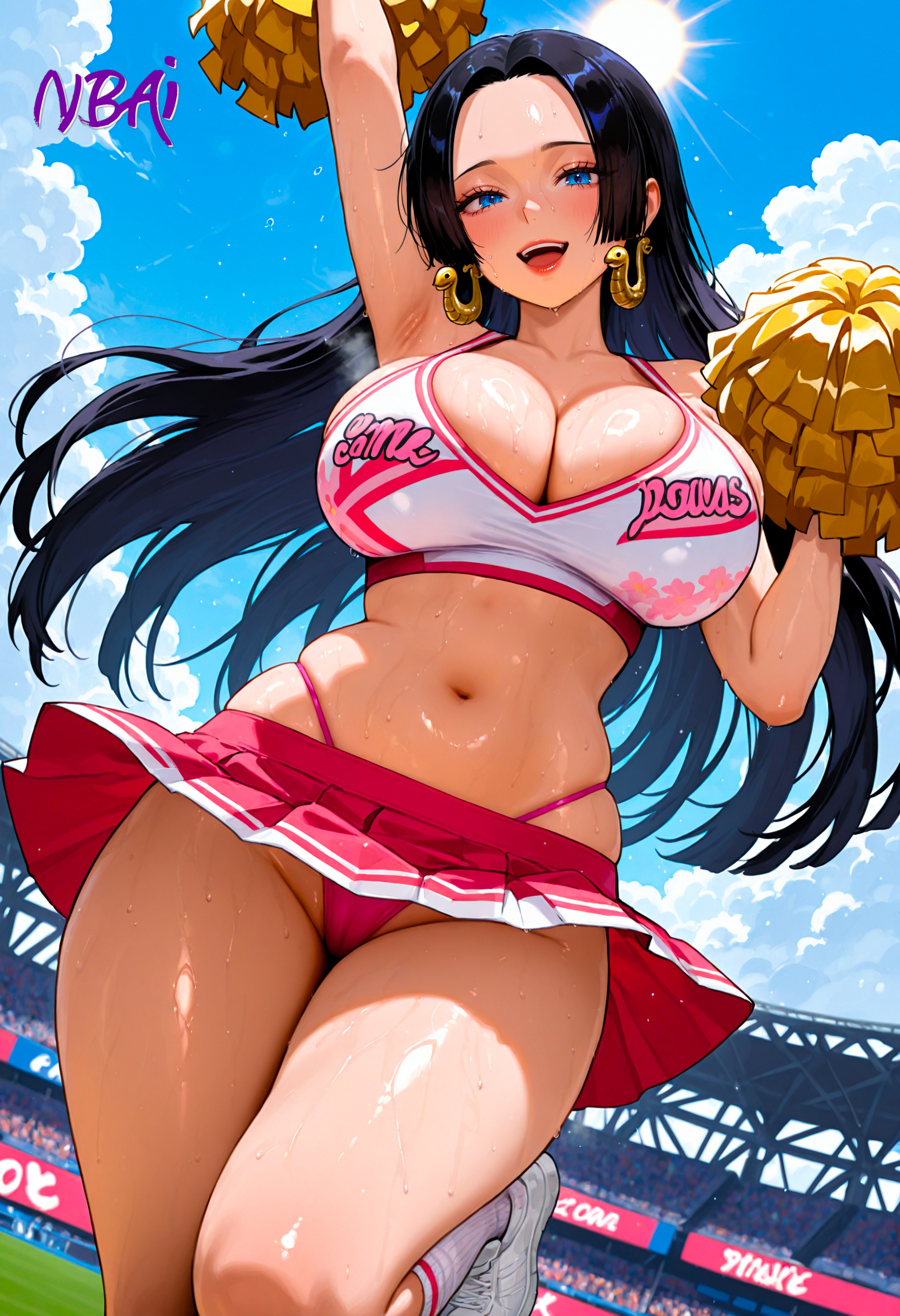 1girls, ai generated, anime, anime style, big breasts, black hair, black-haired female, blue eyes, boa hancock, cheerleader, cheerleader uniform, clothing, crop top, day, earrings, female, female only, long hair, nbai art, one piece, pom poms, smile, stadium, sweat, thick thighs, wet