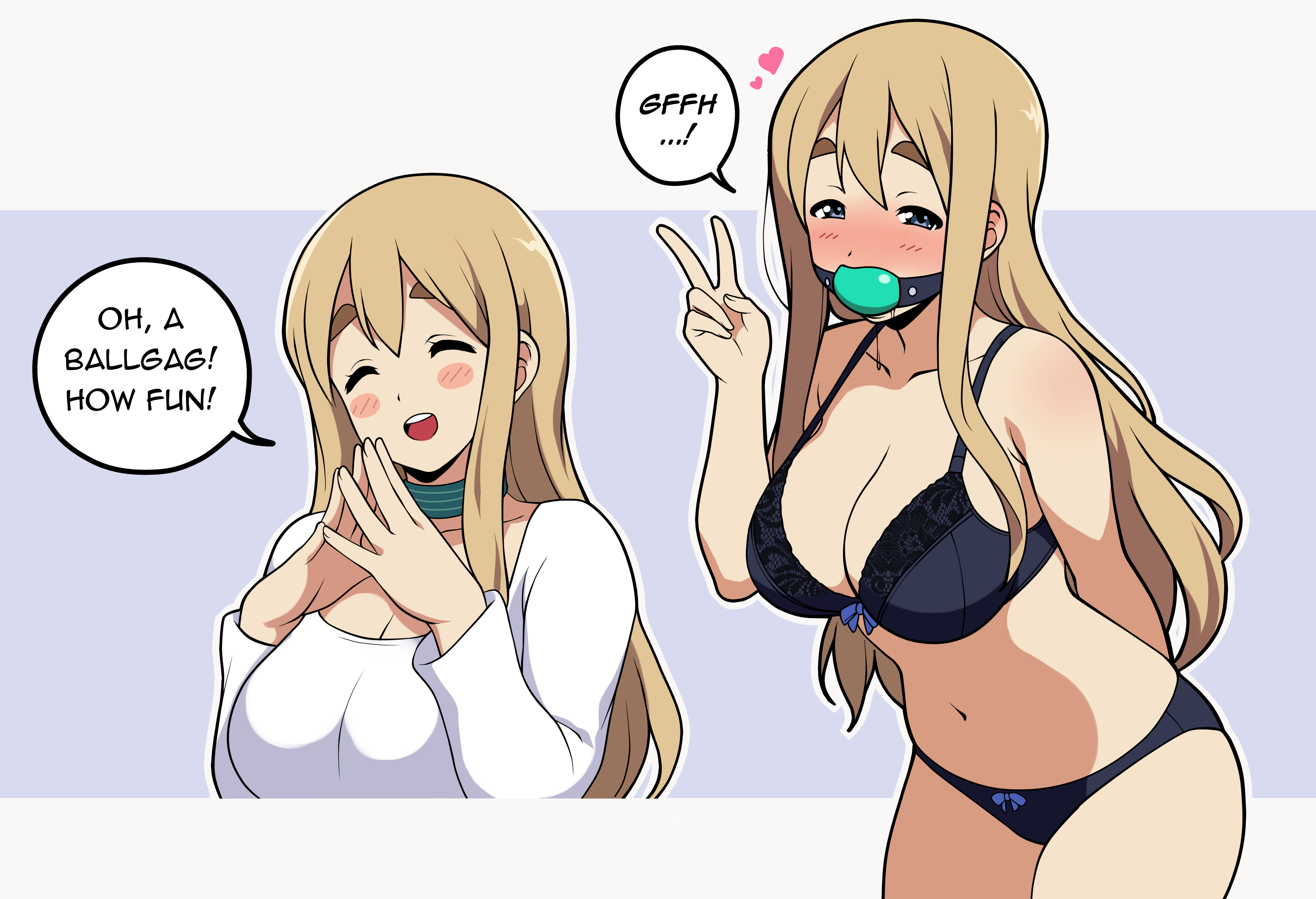 1girls, arm behind back, ball gag, blonde hair, blue eyes, blush, bow, bow bra, bow panties, bra, breasts, cleavage, closed eyes, collarbone, consensual bondage, consent, cowboy shot, english text, gag, gagged, heart, jam-orbital, k-on!, large breasts, leaning forward, long hair, multiple views, navel, open mouth, panties, peace sign, simple background, speech bubble, thick eyebrows, tsumugi kotobuki (k-on!), underwear, underwear only, v
