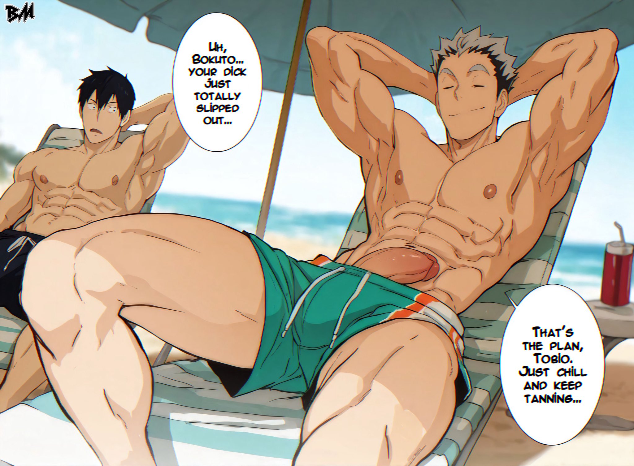 2boys, ai generated, big ass looover, black eyes, black hair, bokuto koutarou, erect nipples, erect penis, erection, gay, gay male, haikyuu!!, happy, light skin, light-skinned male, male, male/male, muscles, muscular, muscular male, naked, naked male, nipples, nude, nude male, open mouth, penis, pink nipples, smile, spread legs, tobio kageyama, white hair, yaoi