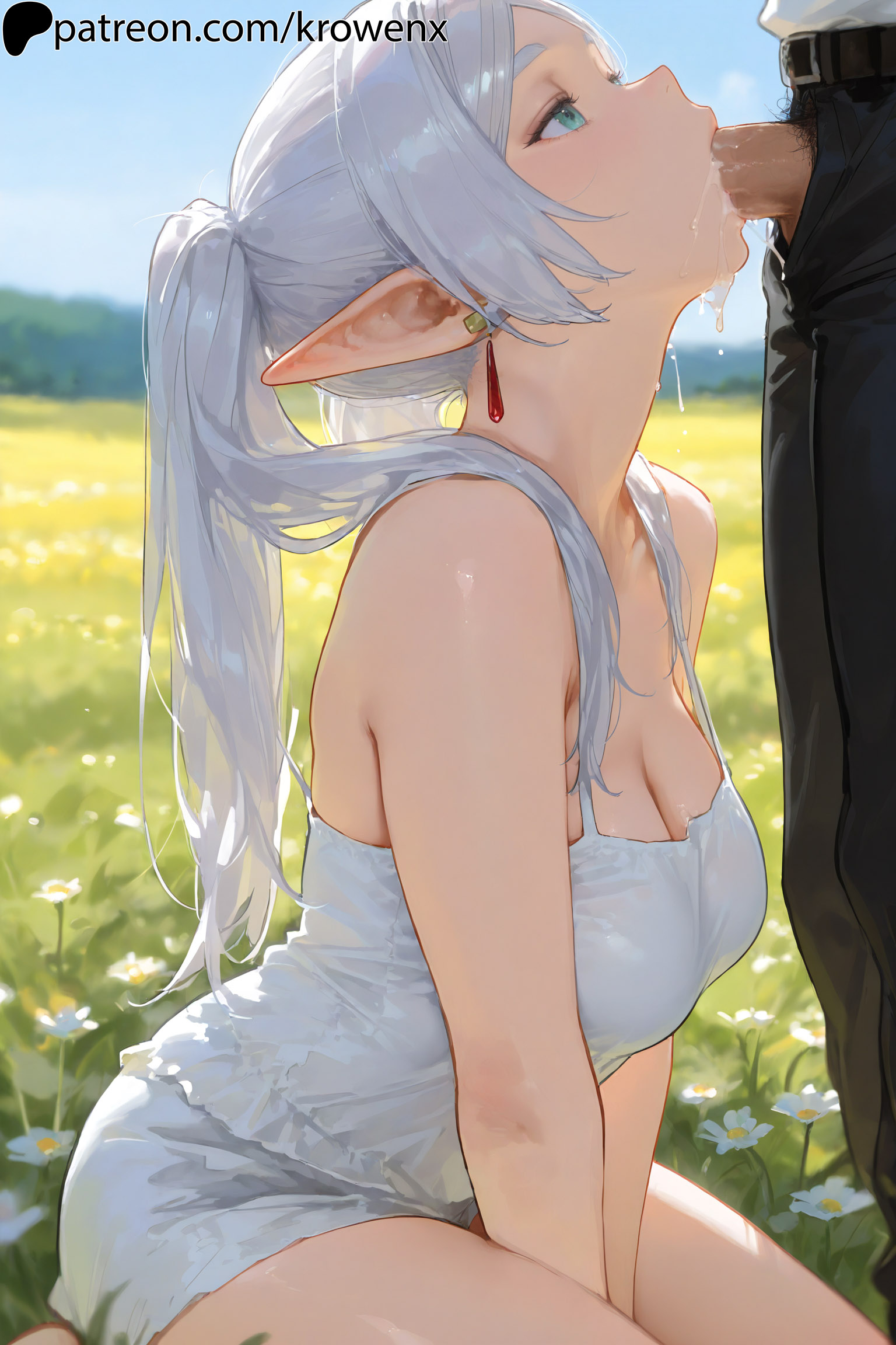 1girls, ai generated, blowjob, breasts, cum, cum in mouth, elf ears, elf female, female, female focus, frieren, frieren beyond journey's end, from side, green eyes, kneeling, krowenx, long hair, looking up, male/female, outdoors, penis, penis in mouth, pointy ears, sucking, sucking penis, thick eyebrows, thighs, twintails, uncensored, white hair
