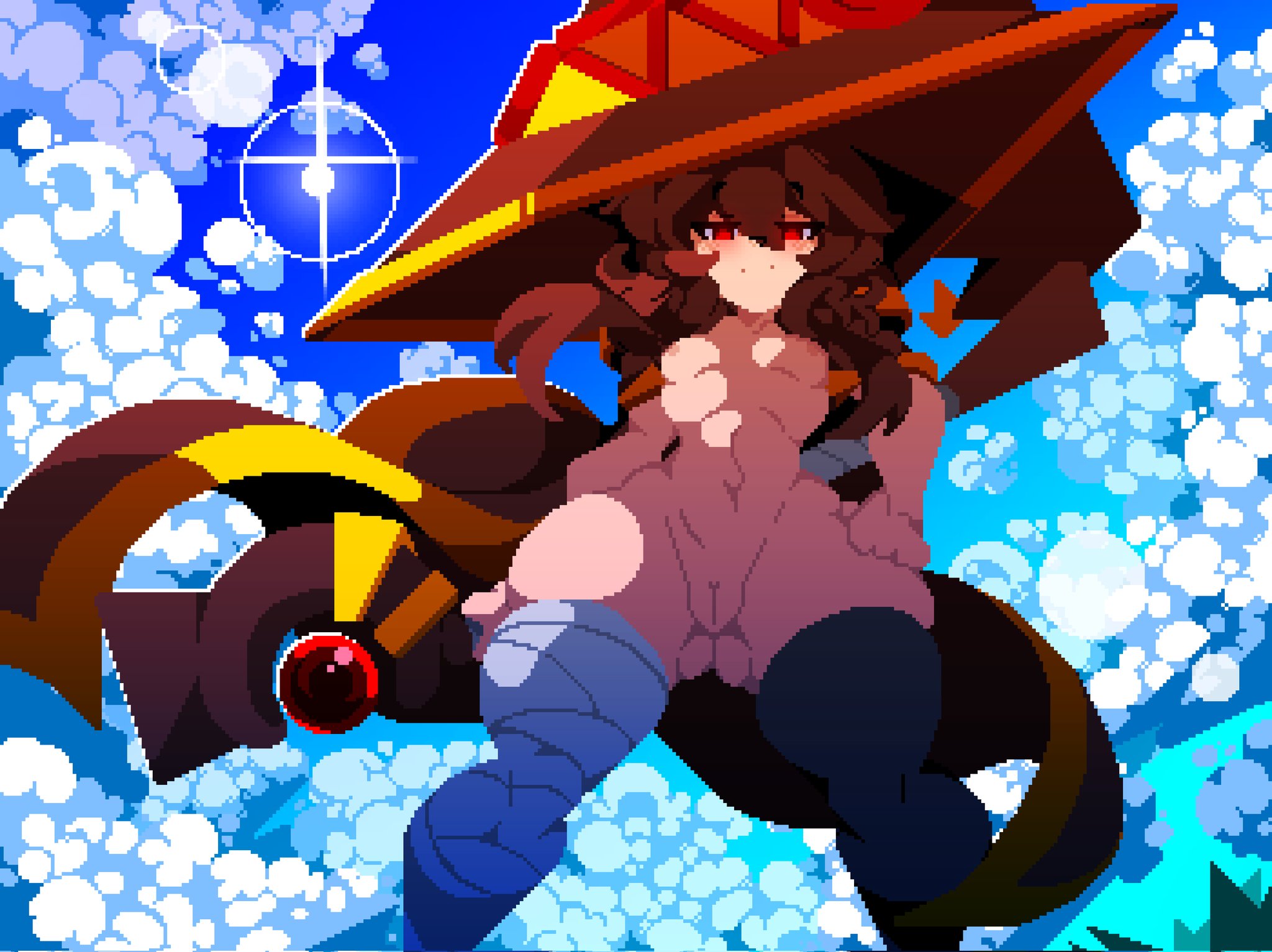 1girls, ass, big ass, big thighs, blush, blushing female, breasts, brown hair, female, female only, female thick thighs, kono subarashii sekai ni shukufuku wo!, light-skinned female, looking at viewer, megumin, no panties, pixel art, red eyes, sky, solo, tamaco, thick thighs, thighs, watermark, wide hips, witch, witch hat