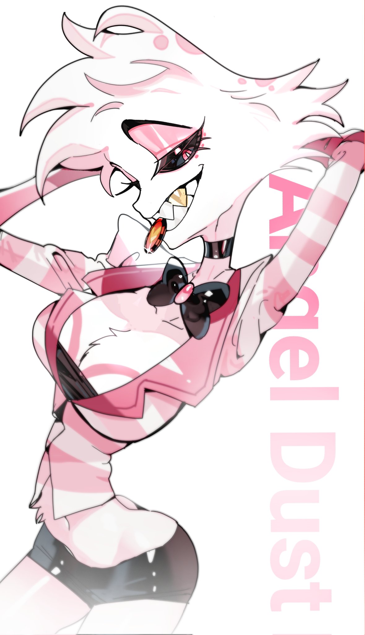 angel dust (hazbin hotel), ass, ass cleavage, be1e2e3e4, big breasts, black sclera, bow, bowtie, butt cleavage, butt crack, clothed, collar, eyeshadow, femboy, fluffy chest, gold tooth, hazbin hotel, male, sharp teeth, short hair, shorts, solo, suit, twink