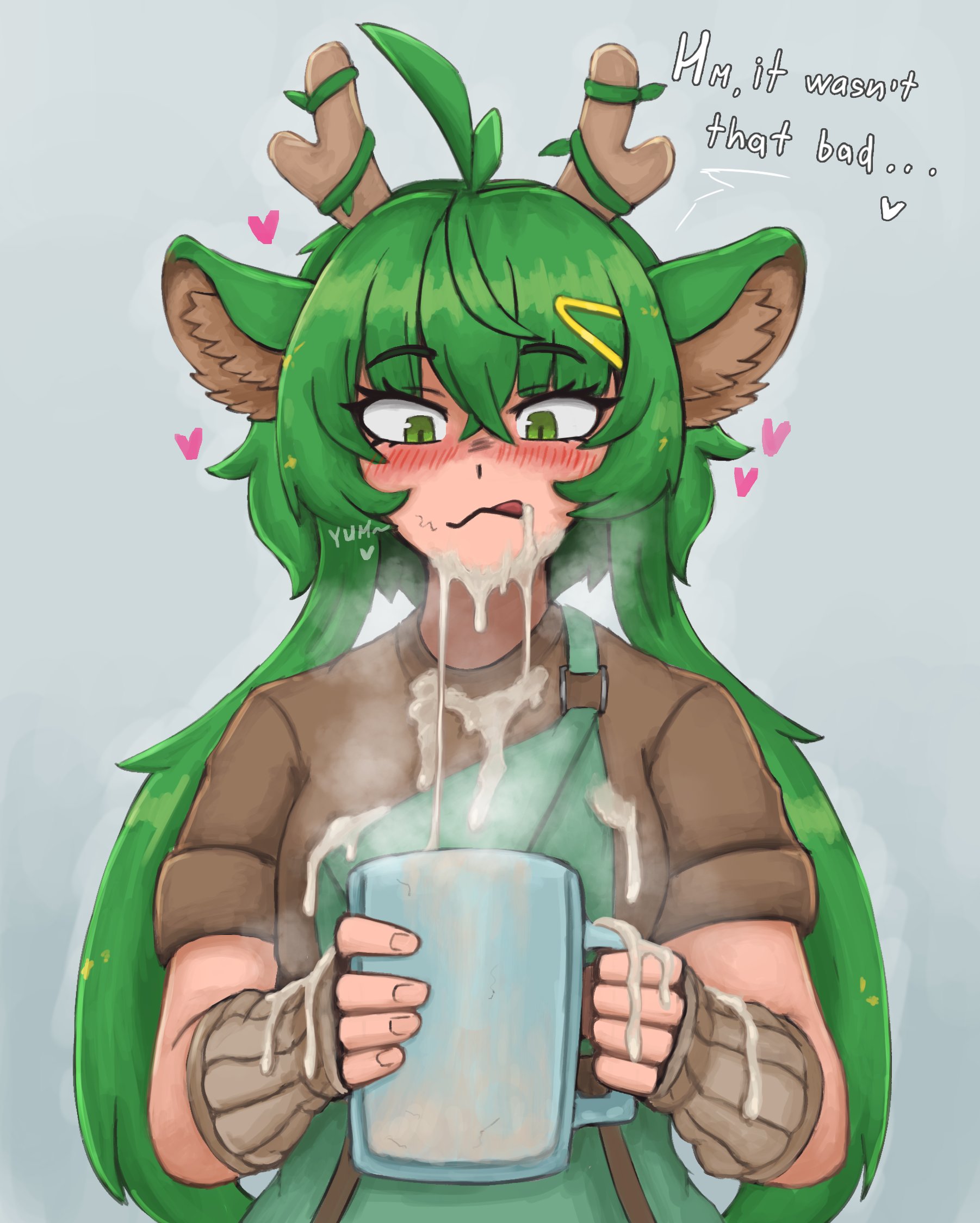 1girls, animal ears, blushing, cum, drinking cum, female, frostwallart, glass mug, green eyes, green hair, haruka karibu, hearts around head, licking cum on face, light skin, light-skinned female, steamy cum, virtual youtuber