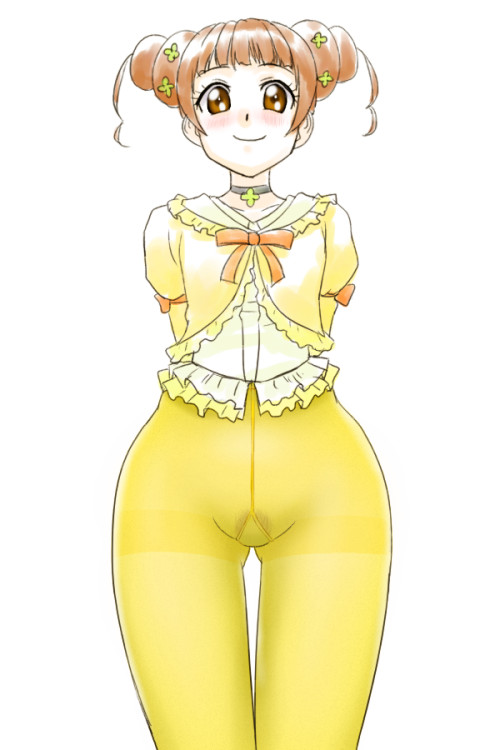 blush bottomless brown_eyes brown_hair choker clothing dokidoki!_precure female gusset looking_at_viewer pantyhose precure pretty_cure pubic_hair purple_bonus simple_background solo thighband_pantyhose white_background wide_hips yellow_legwear yotsuba_alice