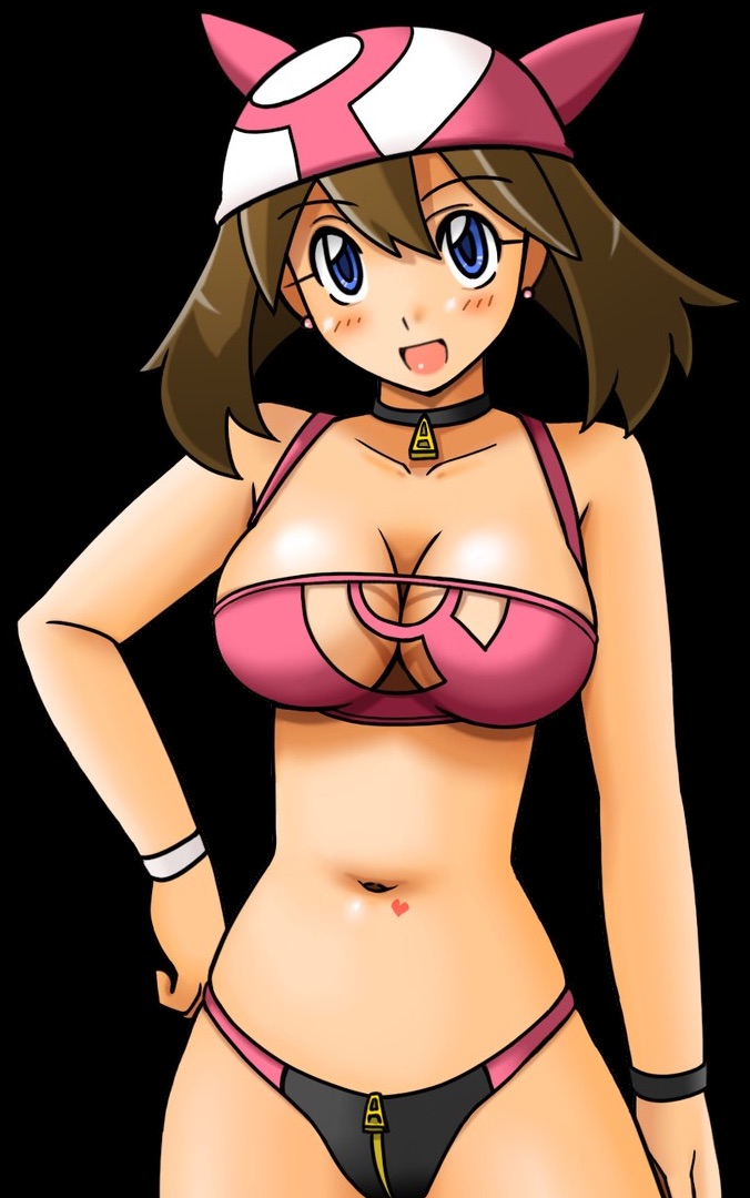 bandana bikini breasts choker cleavage female female_only human human_only may_(pokemon) midriff navel nintendo pink_bandana pokemon solo standing swimsuit tsumitani_daisuke zipper