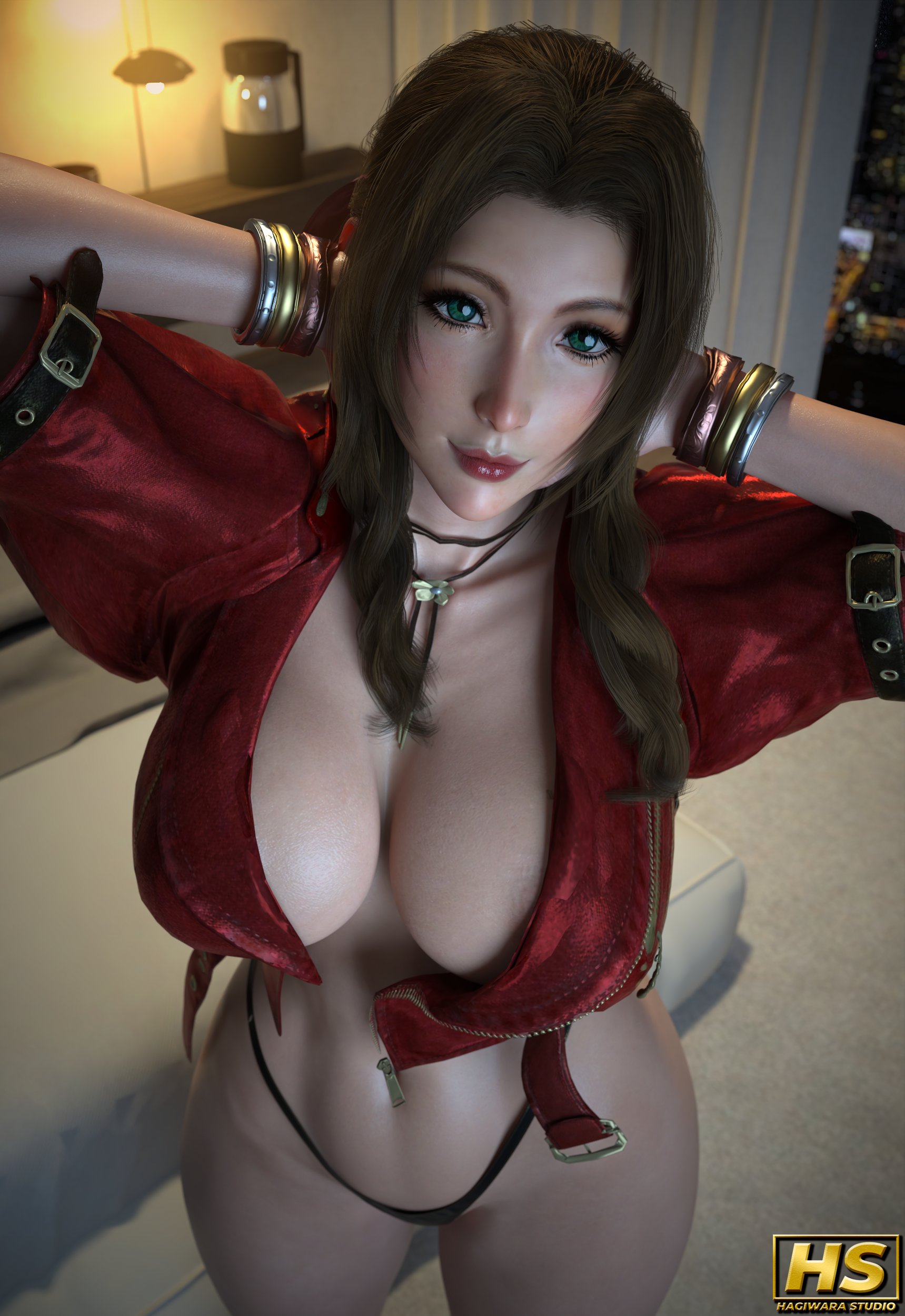 1girls, 3d, 3d render, aerith gainsborough, ass, big ass, big breasts, breasts, brown hair, female, female only, final fantasy, final fantasy vii, final fantasy vii remake, green eyes, hagiwara studio, large breasts, long hair, thick thighs