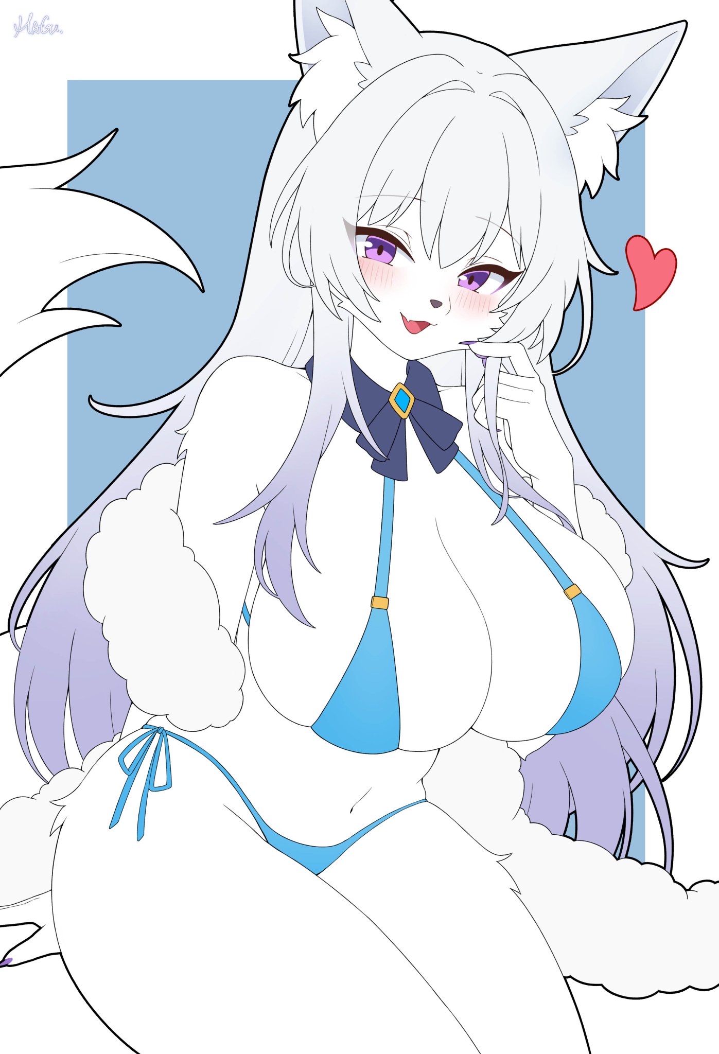 2024, bikini, female, female only, flat colors, fox, fox ears, fox girl, furry, furry female, furry only, heart, magu mm 0824, purple eyes, white body, white fur