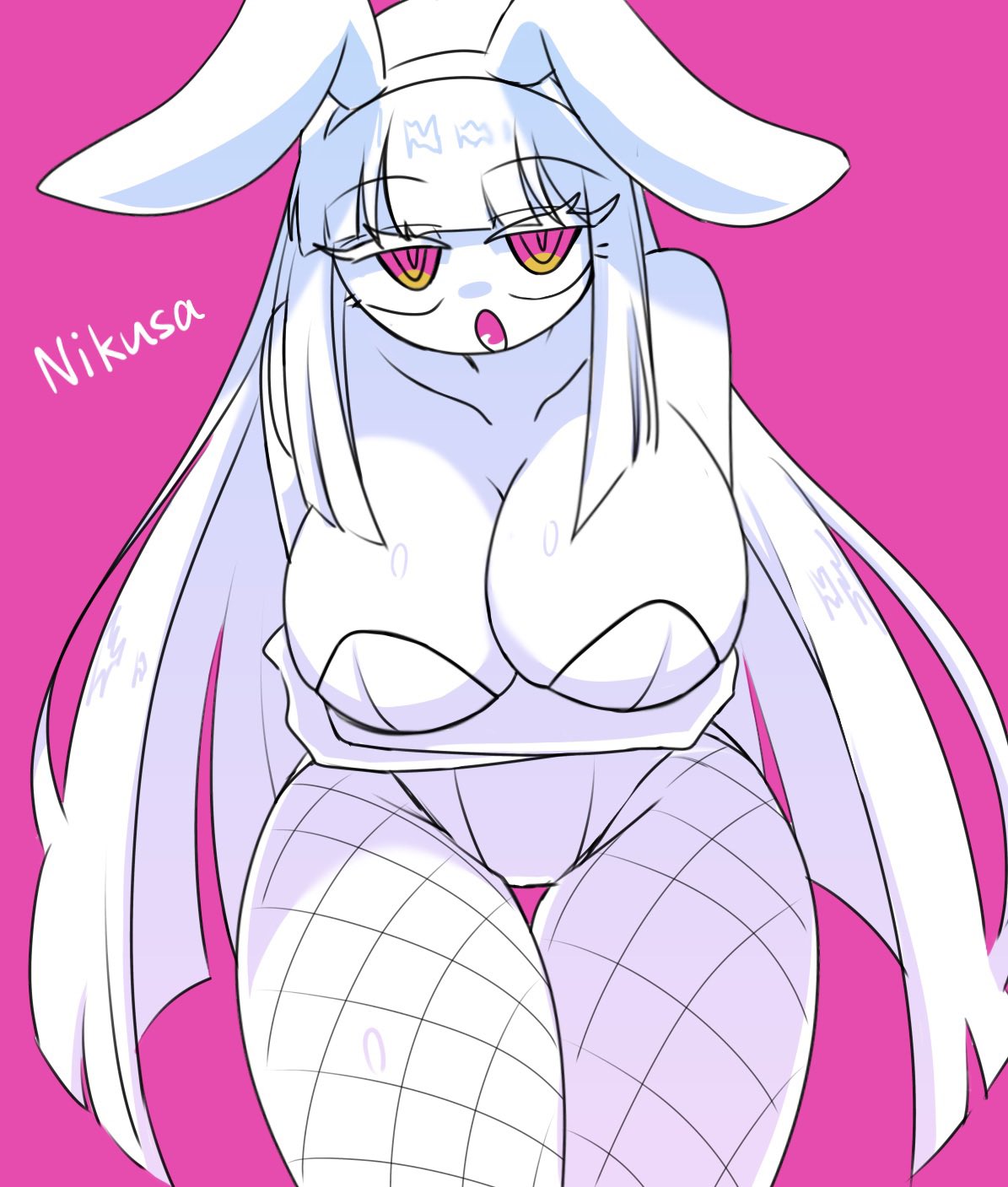 1girls, breasts, bunny ears, bunnysuit, female, female only, fishnets, friday night funkin, nikusa, nikusa (fnf), nikusa (sugarratio), pink background, tagme, thighs, white hair, yume0534