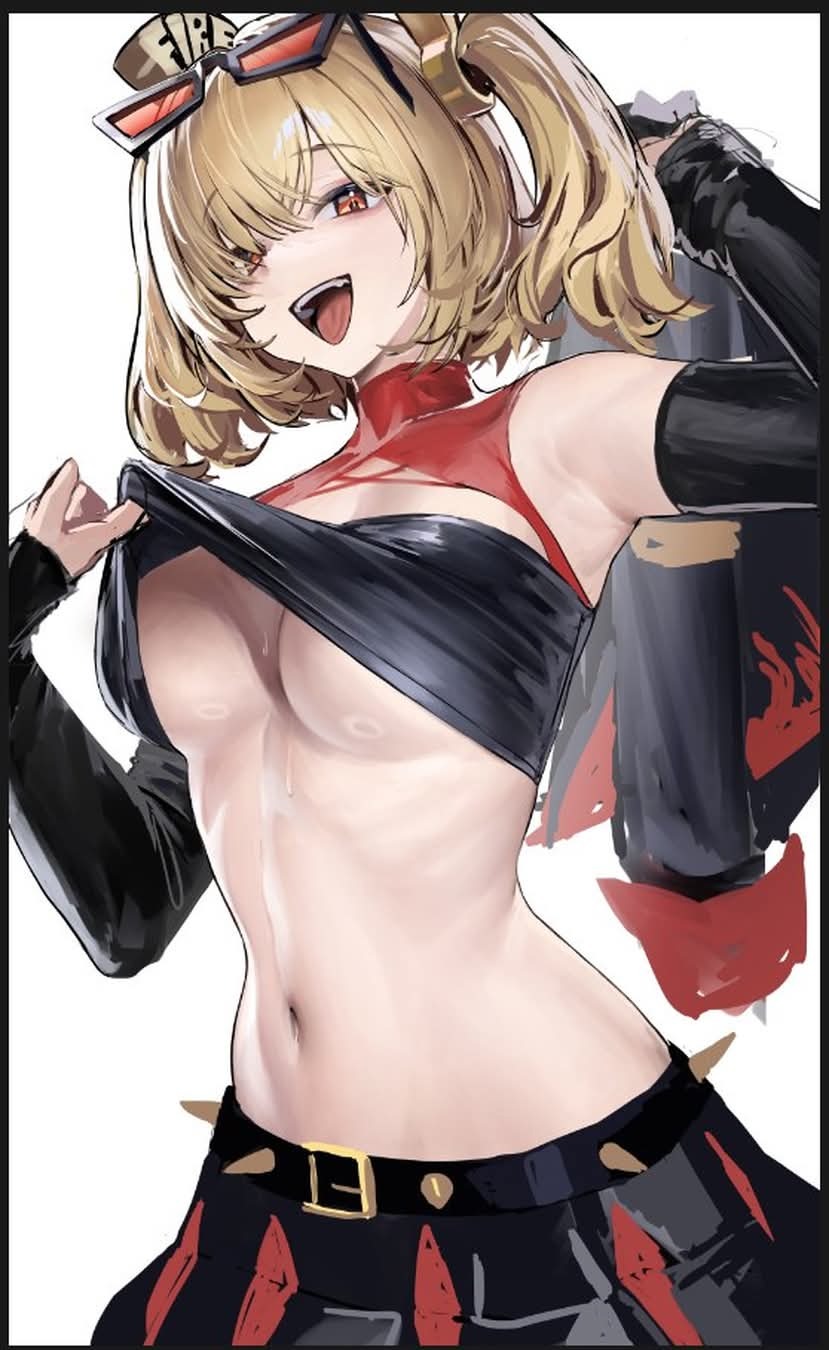 1girls, 2d, armwear, artist request, bare belly, bare stomach, belly, belt, biker clothes, blonde hair, burnice white, clothed, clothes, clothing, color, colored, digital media (artwork), female, female focus, female only, front view, glasses, glasses on head, hoyoverse, large breasts, light skin, light-skinned female, looking at viewer, mihoyo, navel, no bra, no bra under clothes, red eyes, smiling, smiling at viewer, solo, solo female, solo focus, source request, spiked belt, spikes, twintails, underboob, white background, zenless zone zero