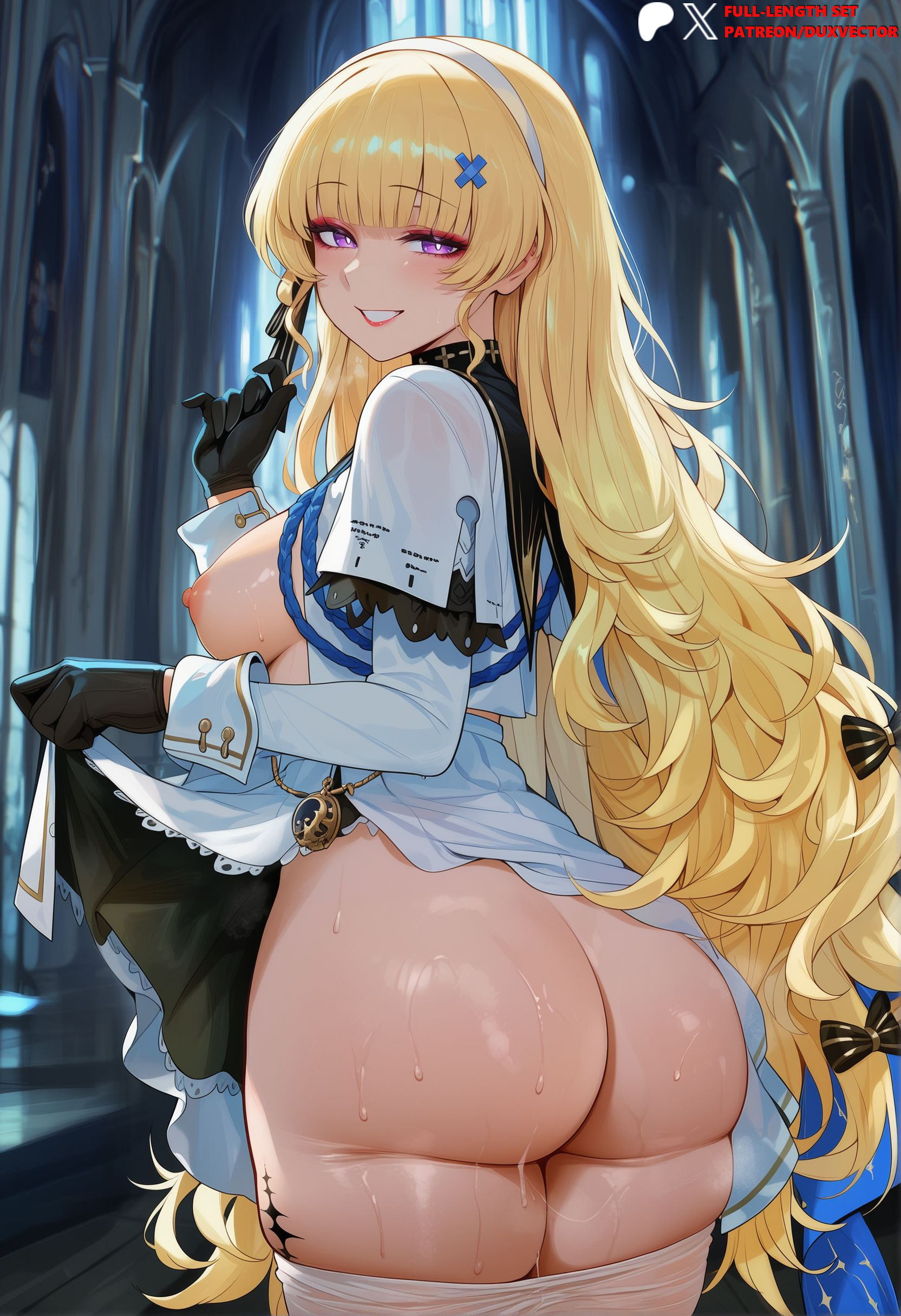 1girls, ai generated, ass, ass focus, bangs, between fingers, big ass, black bow, black gloves, blonde hair, blunt bangs, blush, bow, breasts, breasts out, church, clothes lift, clothes pull, clothing, cowboy shot, dress, dress lift, duxvector, female, female only, from behind, gloves, grin, hair ornament, hairband, hairbow, headwear, holding, huge ass, index finger raised, indoors, interracial, large breasts, layered sleeves, leg tattoo, legwear, lifted by self, light-skinned female, long hair, long sleeves, looking at viewer, looking back, medium breasts, netorare, nipples, no panties, ntr, pantyhose, pantyhose pull, parted lips, phoebe (wuthering waves), purple eyes, skirt, skirt lift, skirt pull, smile, solo, sweat, thick thighs, thighs, twisted torso, very long hair, white dress, white hairband, white pantyhose, white skirt, wuthering waves
