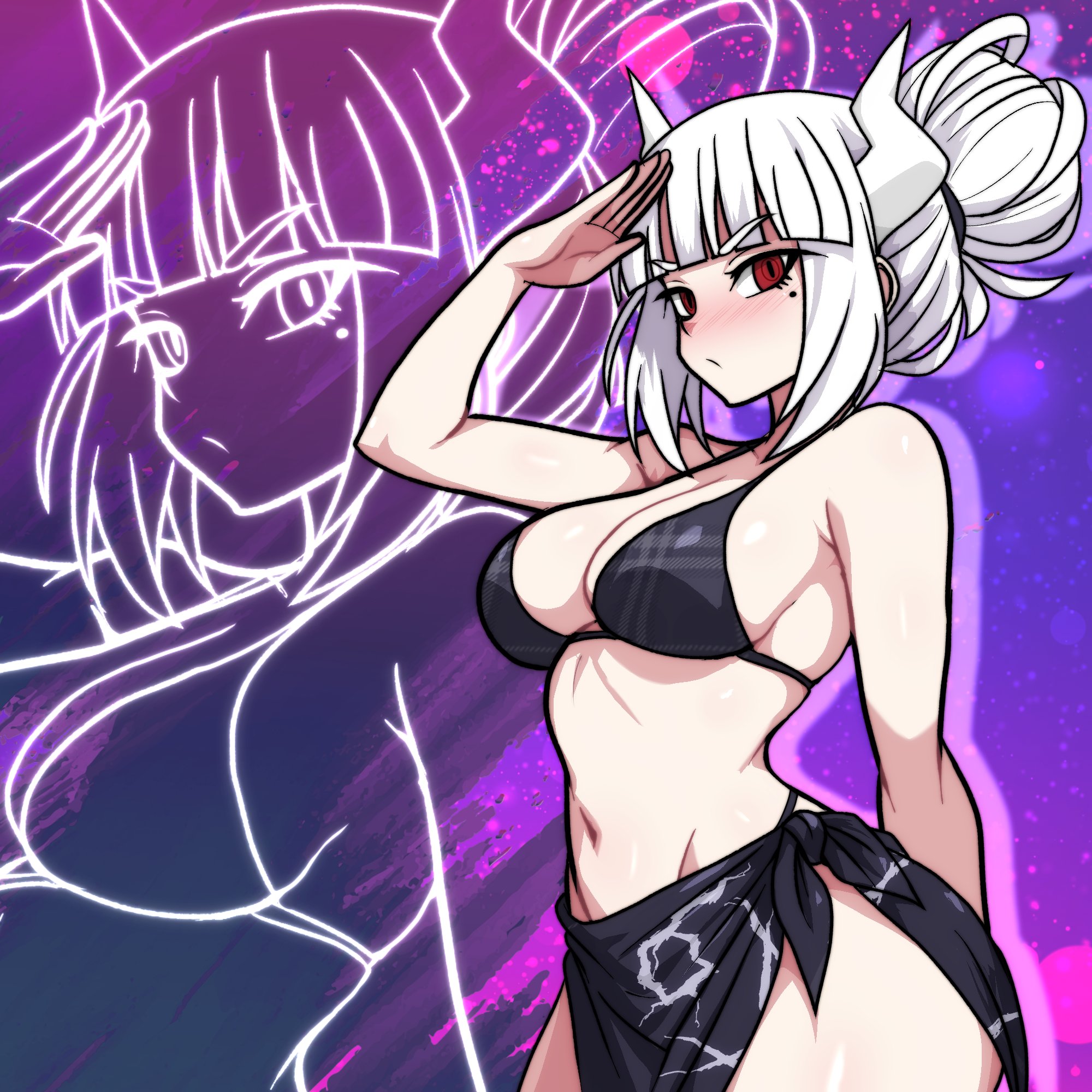 1girls, bikini, black bikini, black skirt, blush, breasts, cleavage, closed mouth, commentary, commentary request, drop shadow, english commentary, female, female only, fujita yoshinobu (ksk oda), groin, hair bun, helltaker, highres, horns, looking at viewer, lucifer (helltaker), medium breasts, mixed-language commentary, mole, mole under eye, navel, nose blush, purple background, red eyes, salute, skirt, solo, swimsuit, tied skirt, white hair, zoom layer