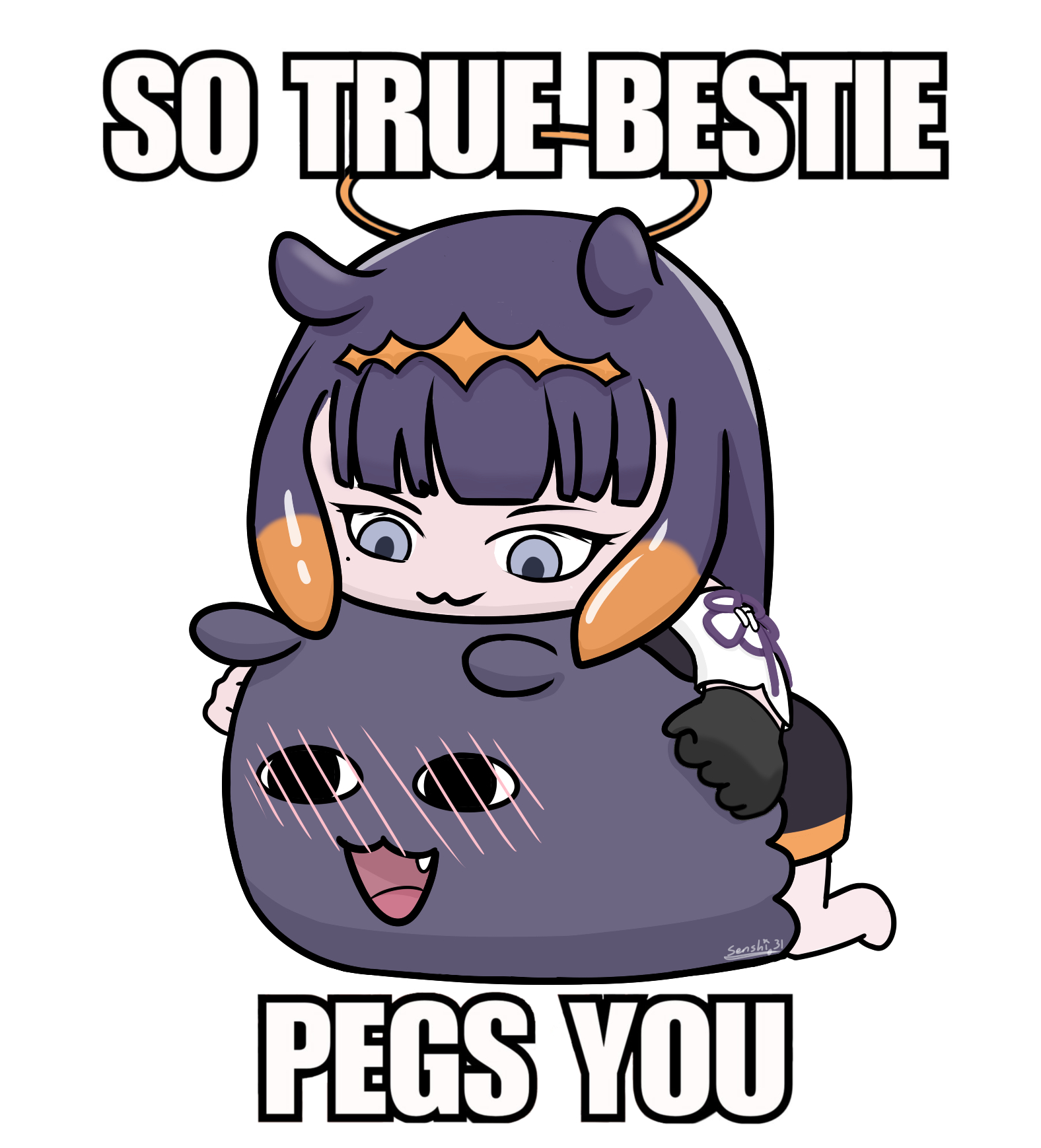 arm sleeves, bluesenshi, blush, excited, fan mascot (vtuber), fan mascot focus (vtuber), halo, holding, hololive, hololive english, humor, meme, ninomae ina'nis, ninomae ina'nis (1st costume), pegging, purple eyes, purple hair, skirt, takodachi (ninomae ina'nis), tentacle hair, text, virtual youtuber