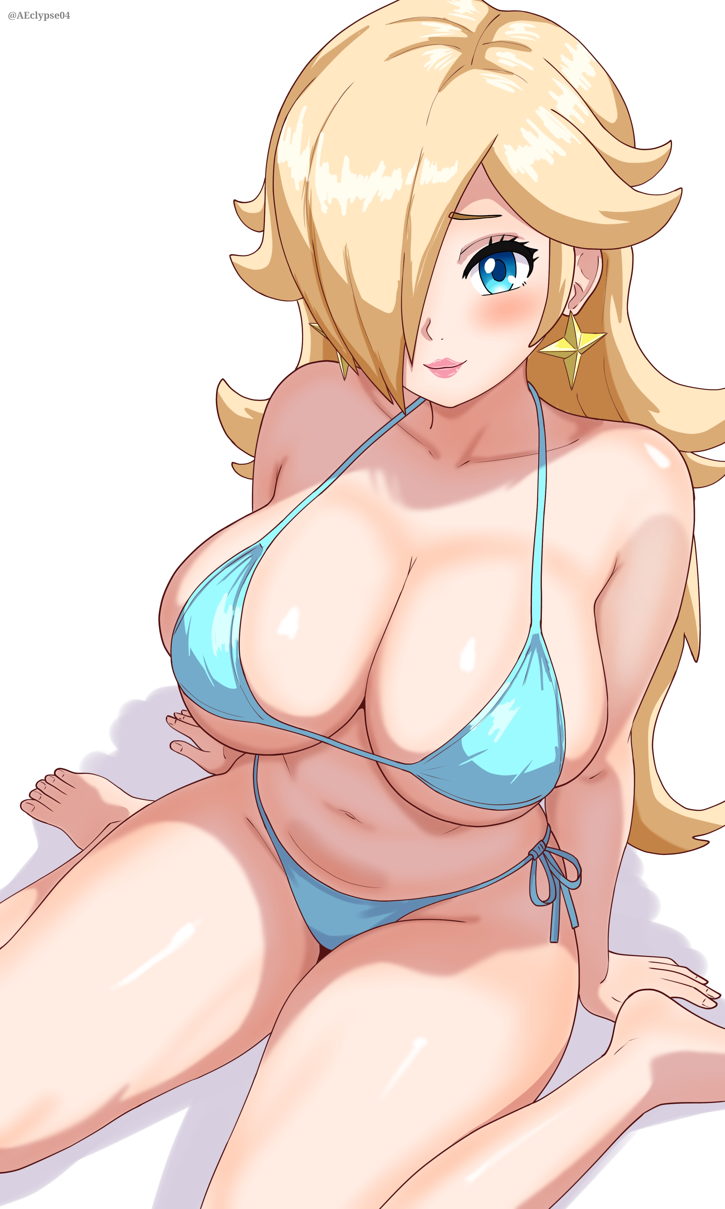 1girls, big breasts, bikini, bikini bottom, bikini top, blonde hair, blue bikini, blue eyes, bottomwear, breasts, cleavage, crown, ear piercing, earrings, eclypse, female, female only, hair, hair over one eye, headwear, huge breasts, lips, long hair, mario (series), mature, mature female, milf, nintendo, princess rosalina, solo, solo female, star, star earrings, stars, swimwear, thighs, topwear