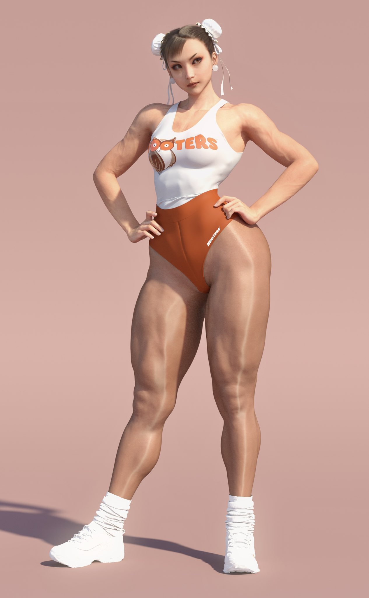 1girls, 3d, asian, asian female, ass, bangs, big ass, breasts, brown eyes, brown hair, capcom, chun-li, clothed, clothing, curvaceous, curvy figure, female, female only, hands on hips, hooters, hooters uniform, huge ass, kou (artist), leotard shorts, looking away, milf, muscular female, pantyhose, pussy peek, shoes, sneakers, solo, solo female, standing, street fighter, tank top, thick thighs, toned female, twin buns, wide hips