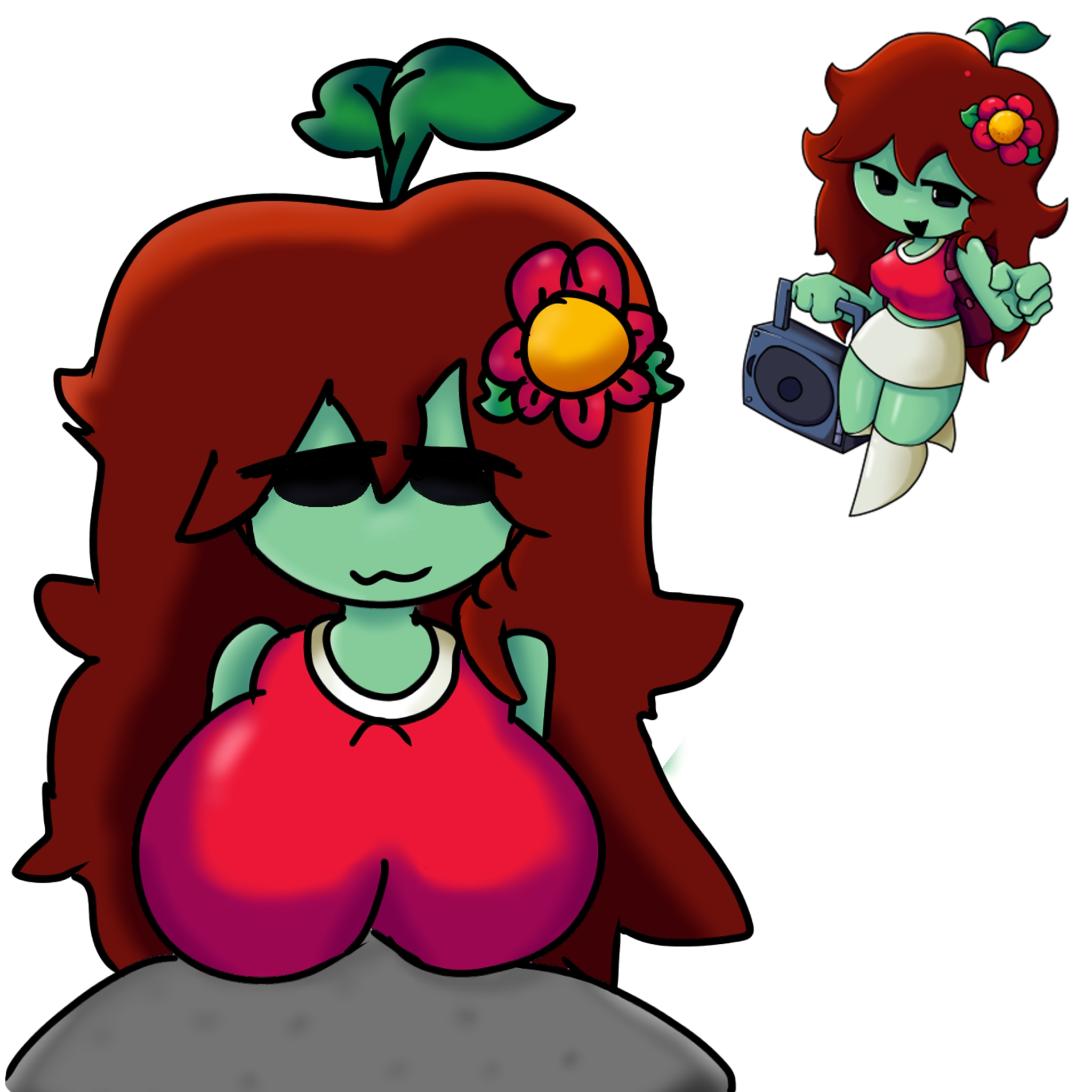 1boy, 1girls, 2d, artist request, auburn hair, big breasts, black eyes, boobjob, boobs, boyfriend (friday night funkin), breasts, canon couple, clothed female, clothed sex, flower in hair, friday night funkin, friday night funkin mod, girlfriend (friday night funkin), green skin, grey skin, ibispaintx, male/female, nude female, paizuri, paizuri under clothes, red top, reference image, rock boy, rockboy (the grieving of friday), seed girl, seedgirl (the grieving of friday), sex, tagme, the grieving of friday, tits, waist not visible, white background